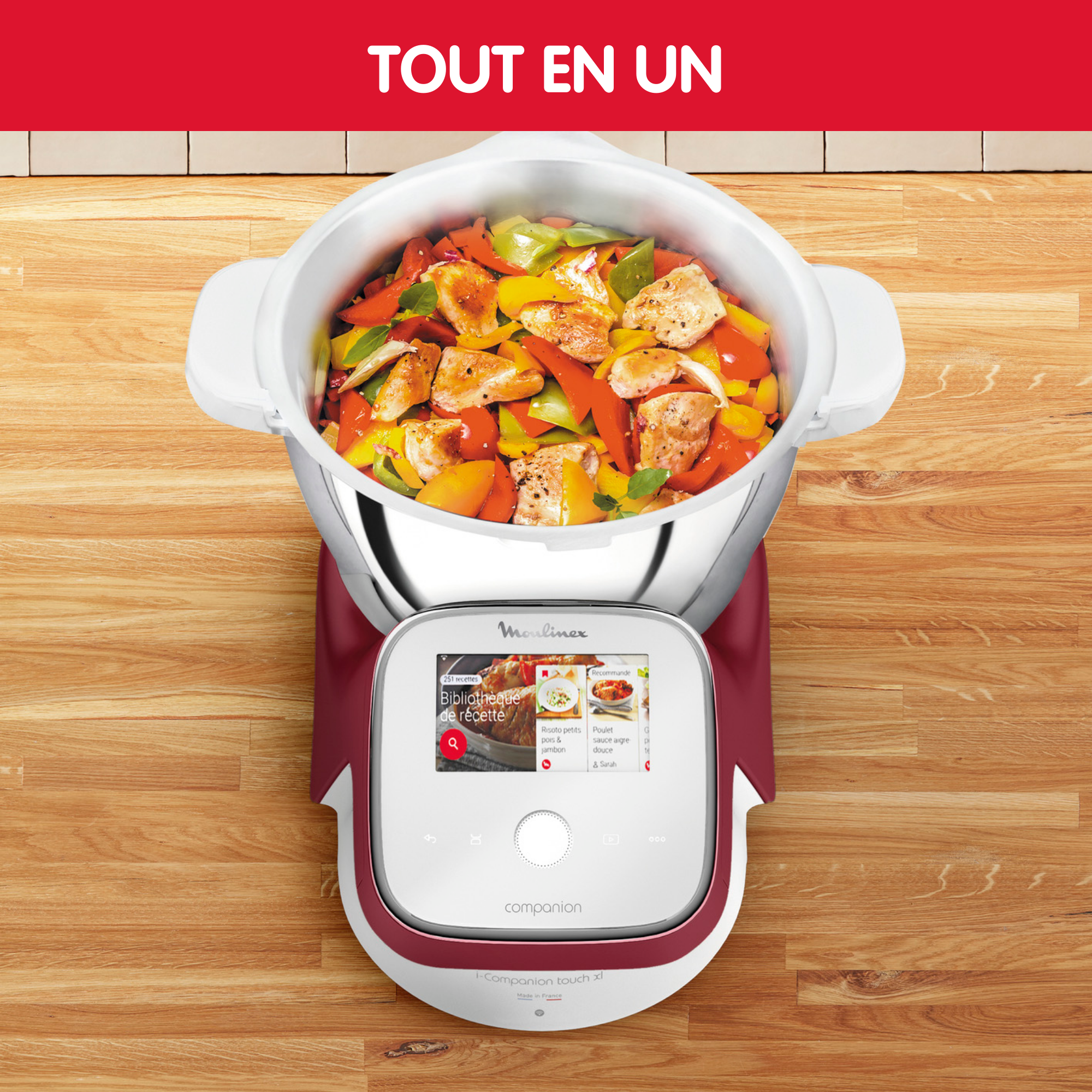 I-Companion Touch, Robot cuiseur, 17 fonctions, Connecté, Recettes sur l’écran, Capacité XL 10 personnes, Rouge, Fabriqué en France