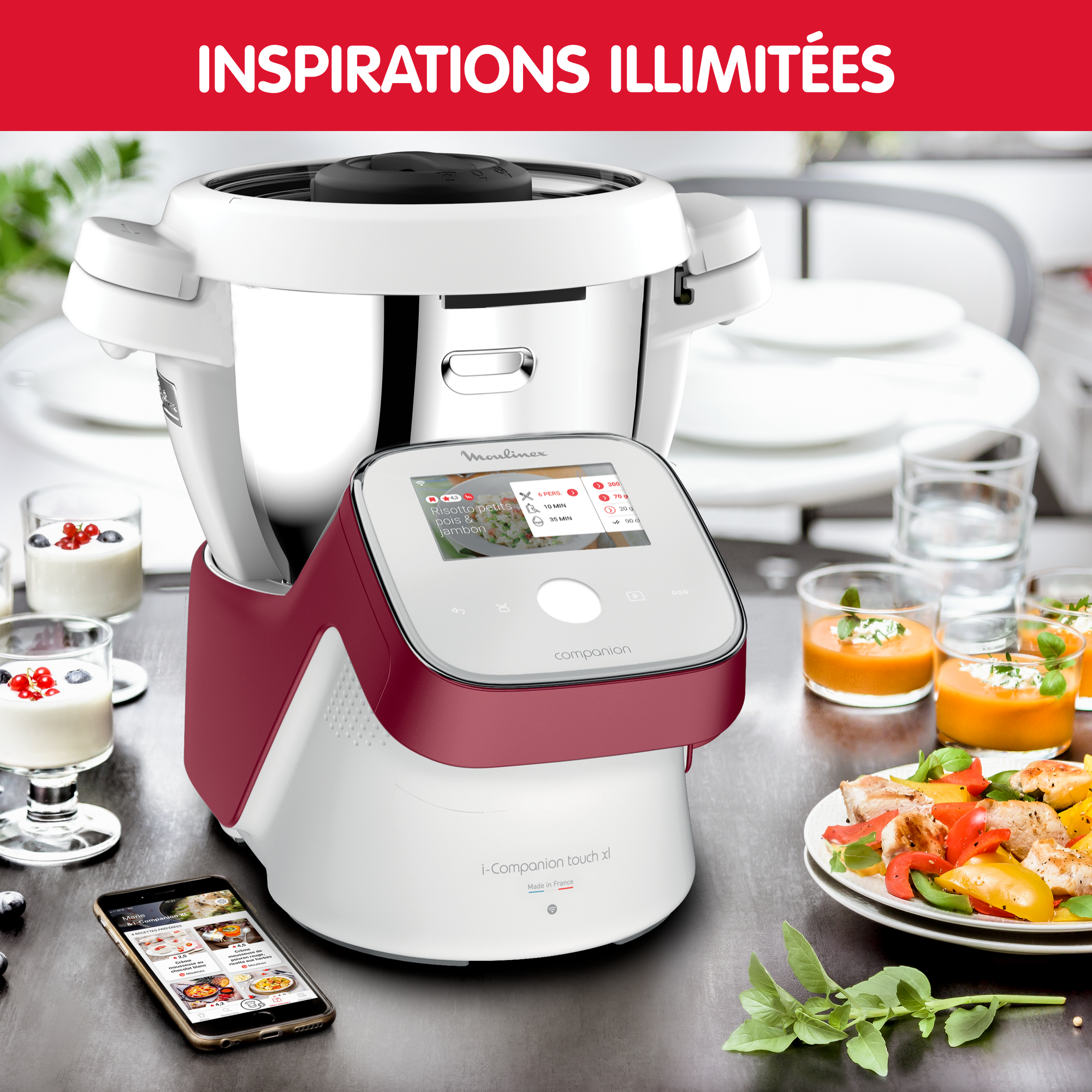 I-Companion Touch, Robot cuiseur, 17 fonctions, Connecté, Recettes sur l’écran, Capacité XL 10 personnes, Rouge, Fabriqué en France