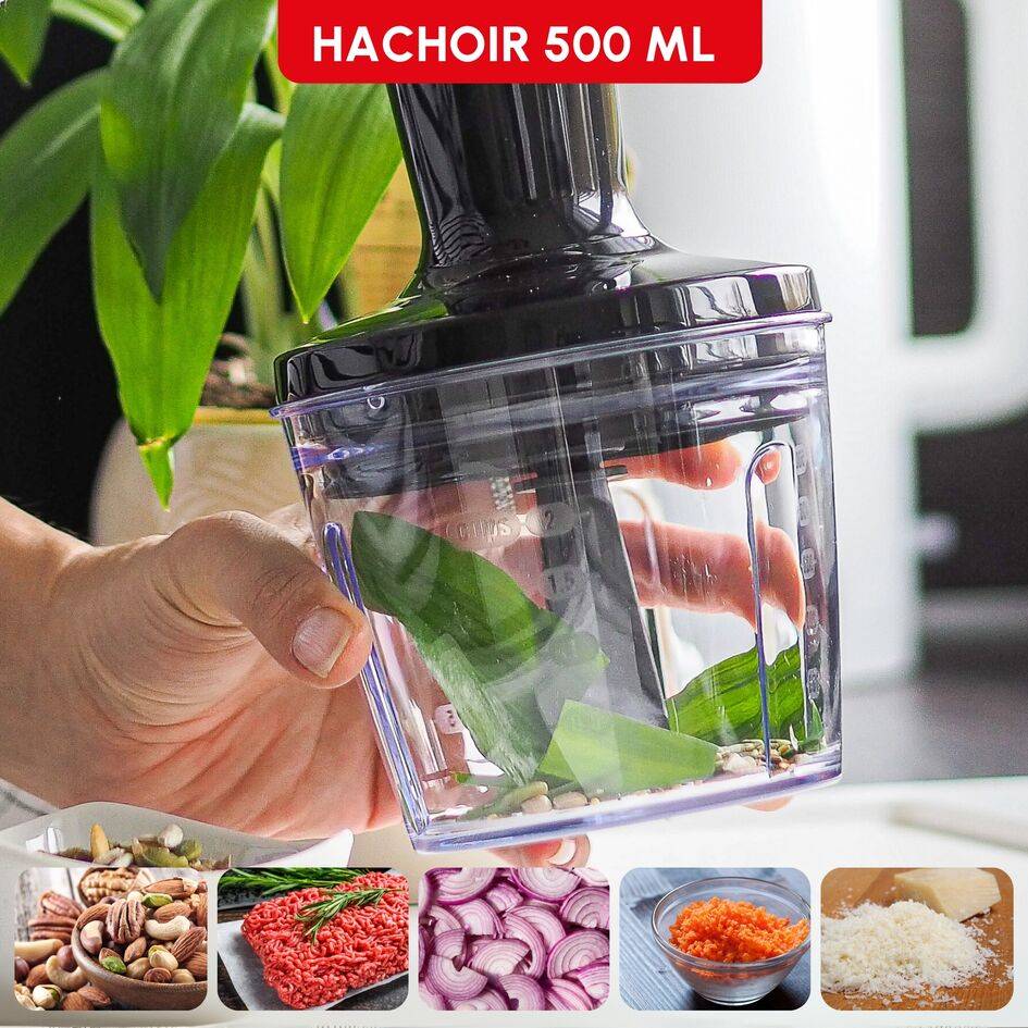 Infinyforce 5 en 1, Pied mixeur, lames powelix life, Variateur de vitesses, 4 accessoires, 1200 W, Noir et métal