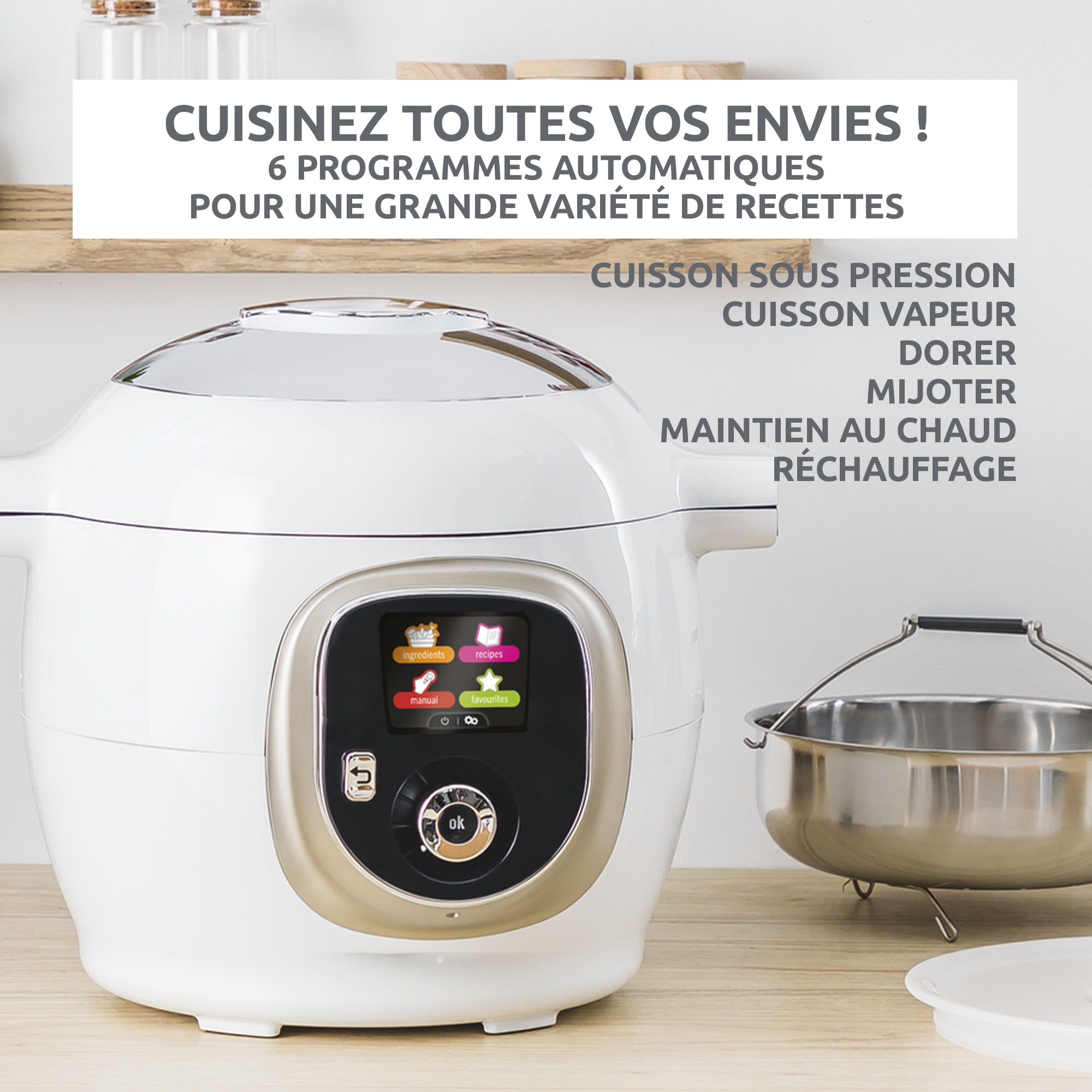 Cookeo+ 150 recettes Blanc, avec couvercle de conservation inclus