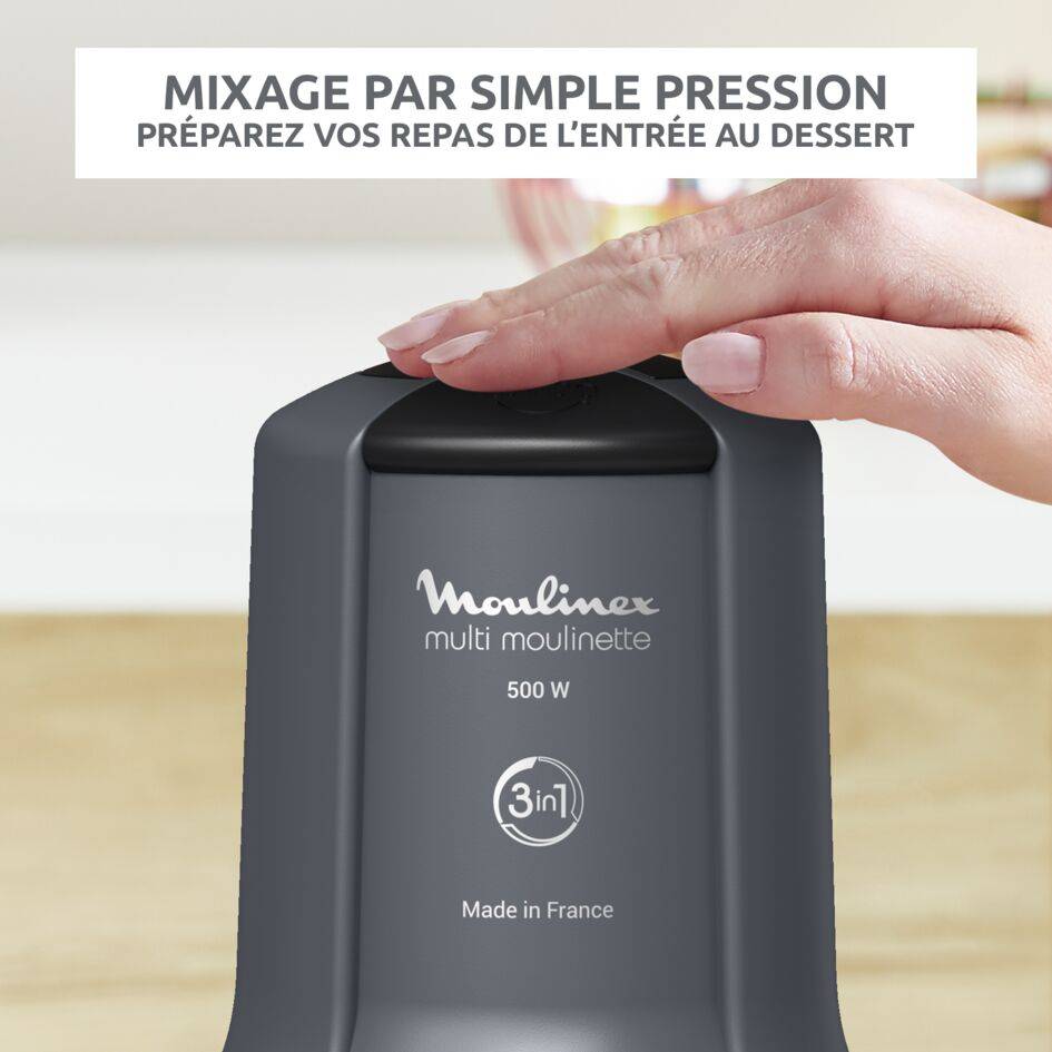 Multi moulinette, Mini hachoir, Fonction 3 en 1, Capacité 500 ml, 500 W, Gris