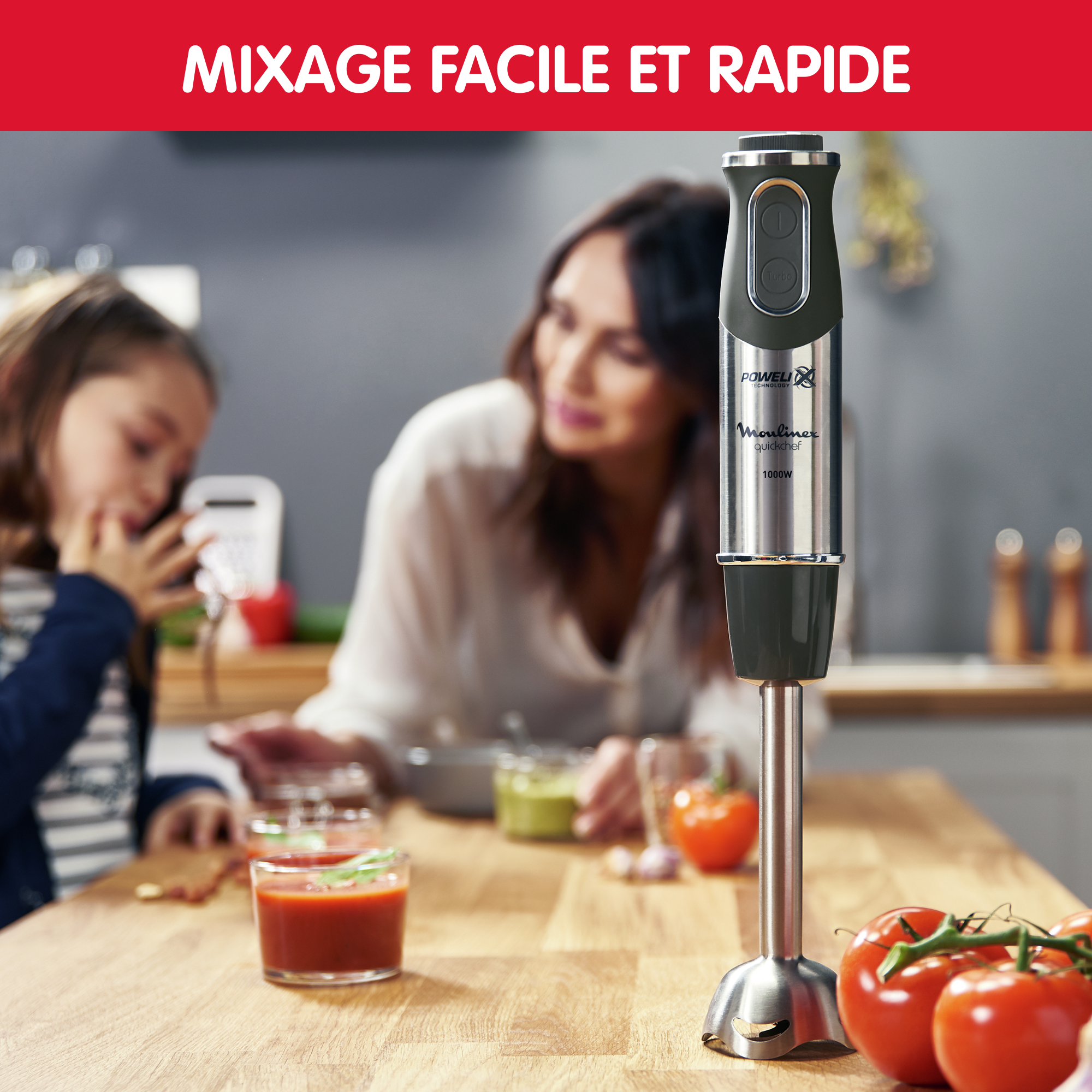 Quickchef 3 en 1, Pied mixeur, Lames powelix, 10 vitesses, Accessoires mini hachoir et fouet, Noir et métal