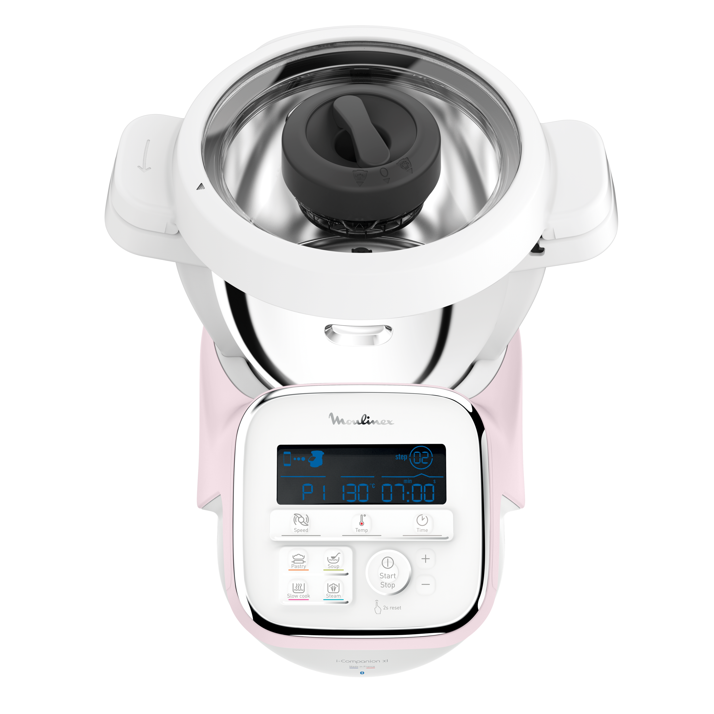 I-Companion, Robot cuiseur, 14 fonctions, Connecté, Capacité XL 10 personnes, Blanc et rose, Fabriqué en France + Kit pâtisserie