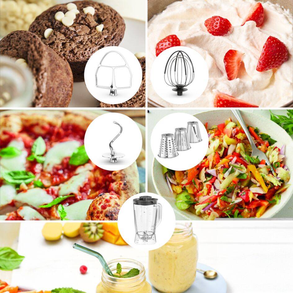 Bake Partner, Robot pâtissier, Bol de 4,6 L, Kit pâtisserie, Blender 1.25L, Découpe légumes, 1100 W