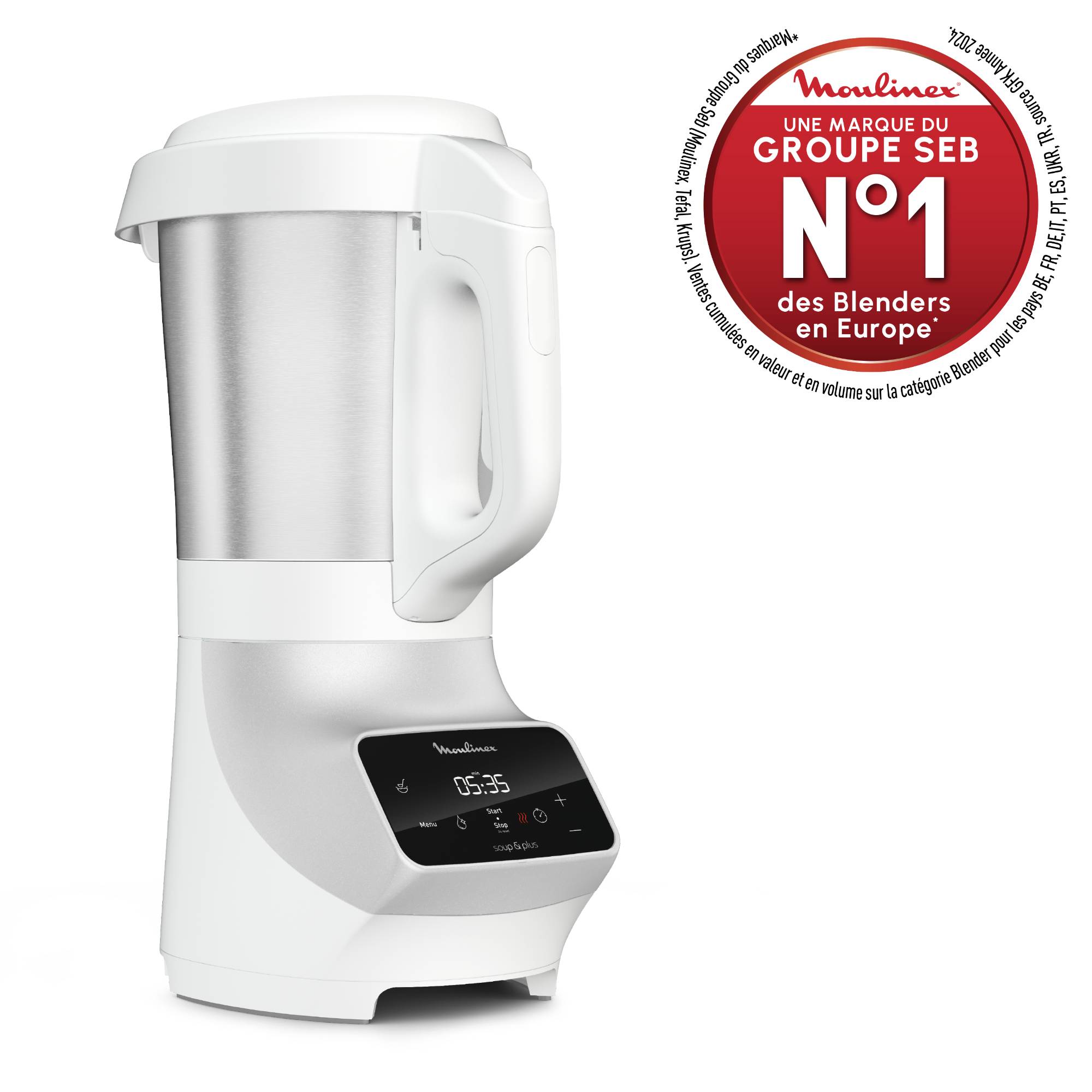Soup&plus, Blender chauffant,  4 programmes automatiques,  Panier vapeur, 1100W, Gris