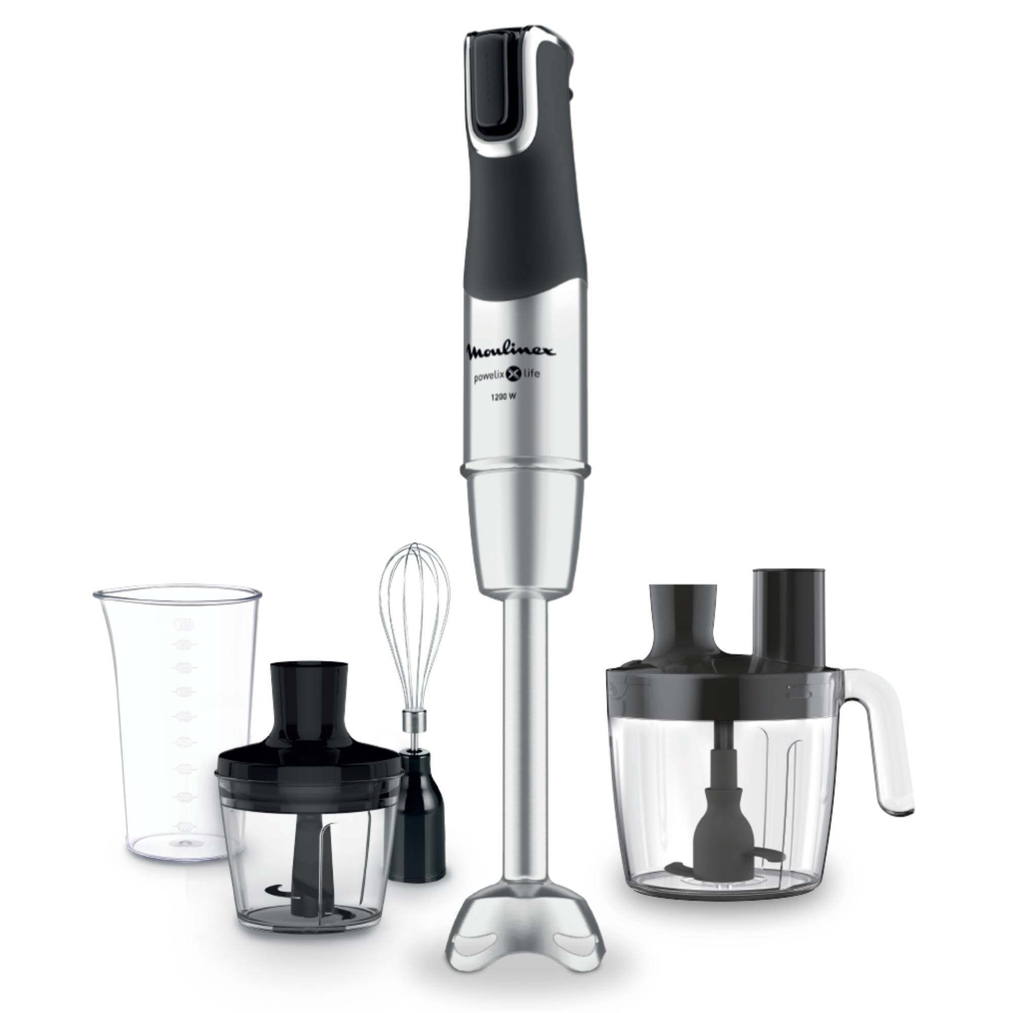 Infinyforce 5 en 1, Pied mixeur, lames powelix life, Variateur de vitesses, 4 accessoires, 1200 W, Noir et métal