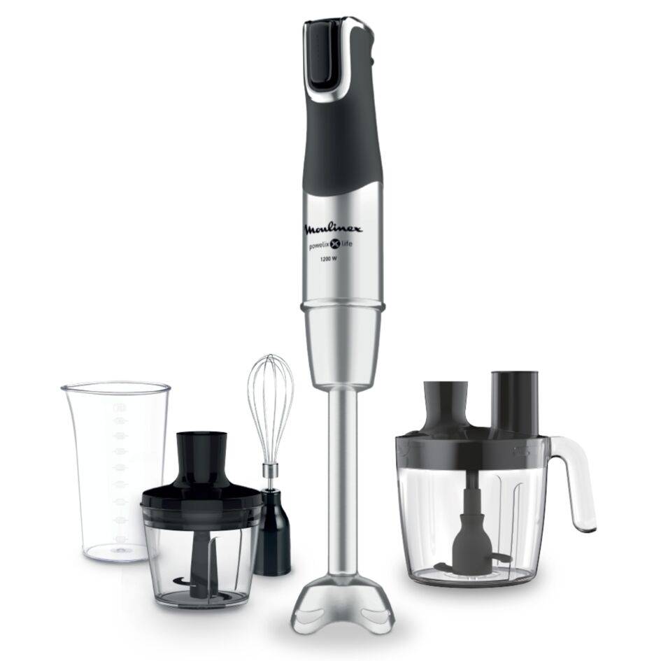 Infinyforce 5 en 1, Pied mixeur, lames powelix life, Variateur de vitesses, 4 accessoires, 1200 W, Noir et métal