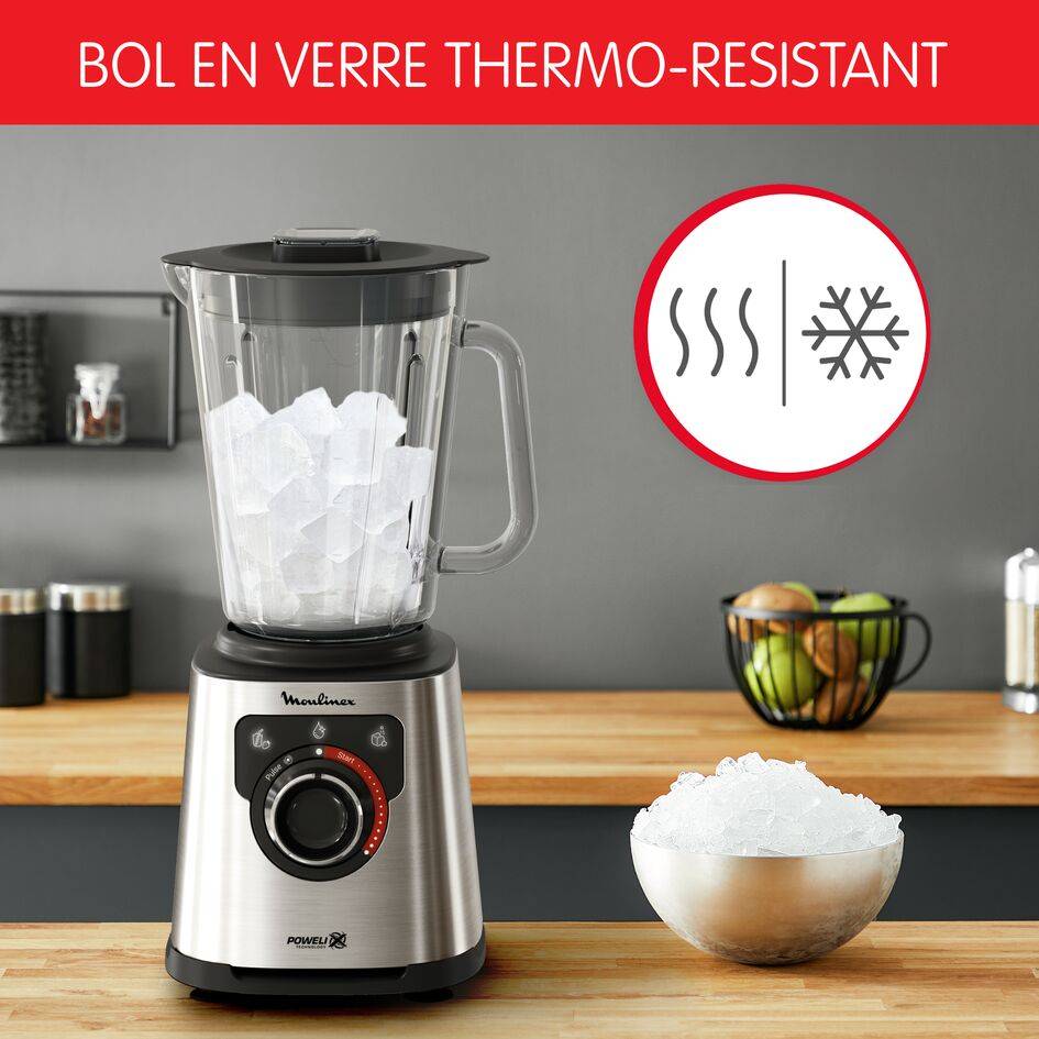 RECONDITIONNÉ PerfectMix +, Blender haute performance,  Lames powelix, Bol en verre de 2L, 1200W , Noir et métal