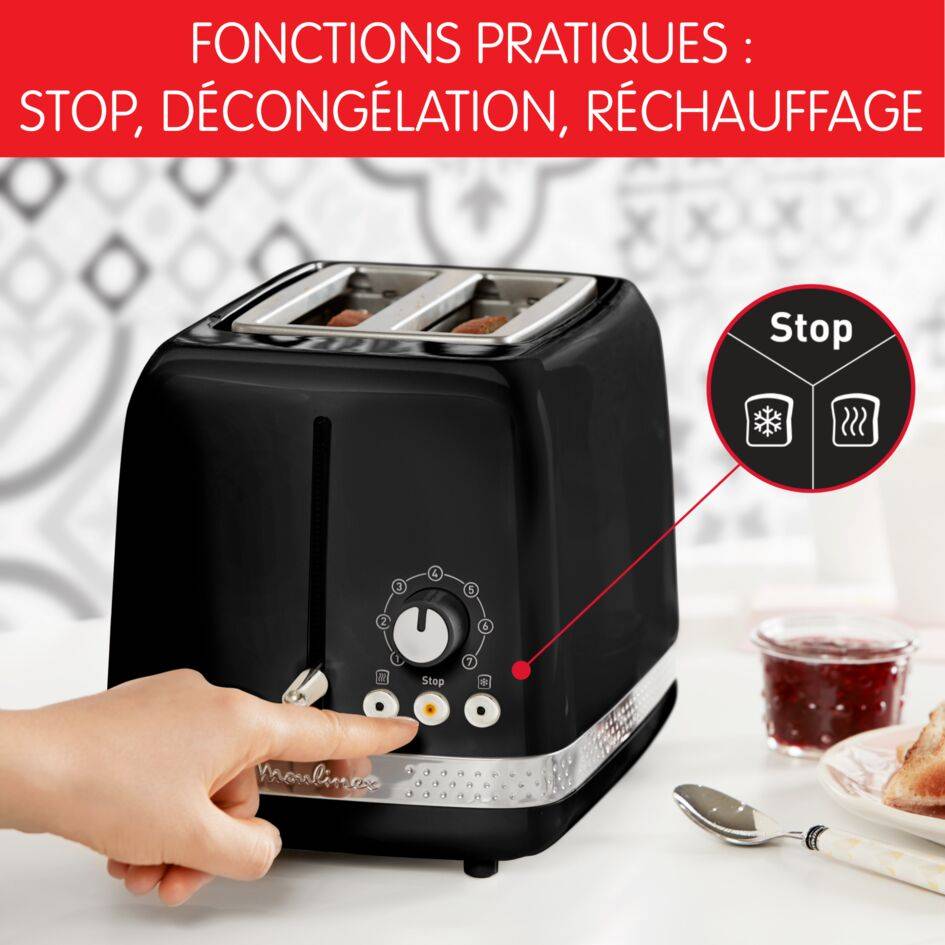 Grille-pain Soleil Noir 2&nbsp;fentes larges, Design retro, 7 niveaux de dorage