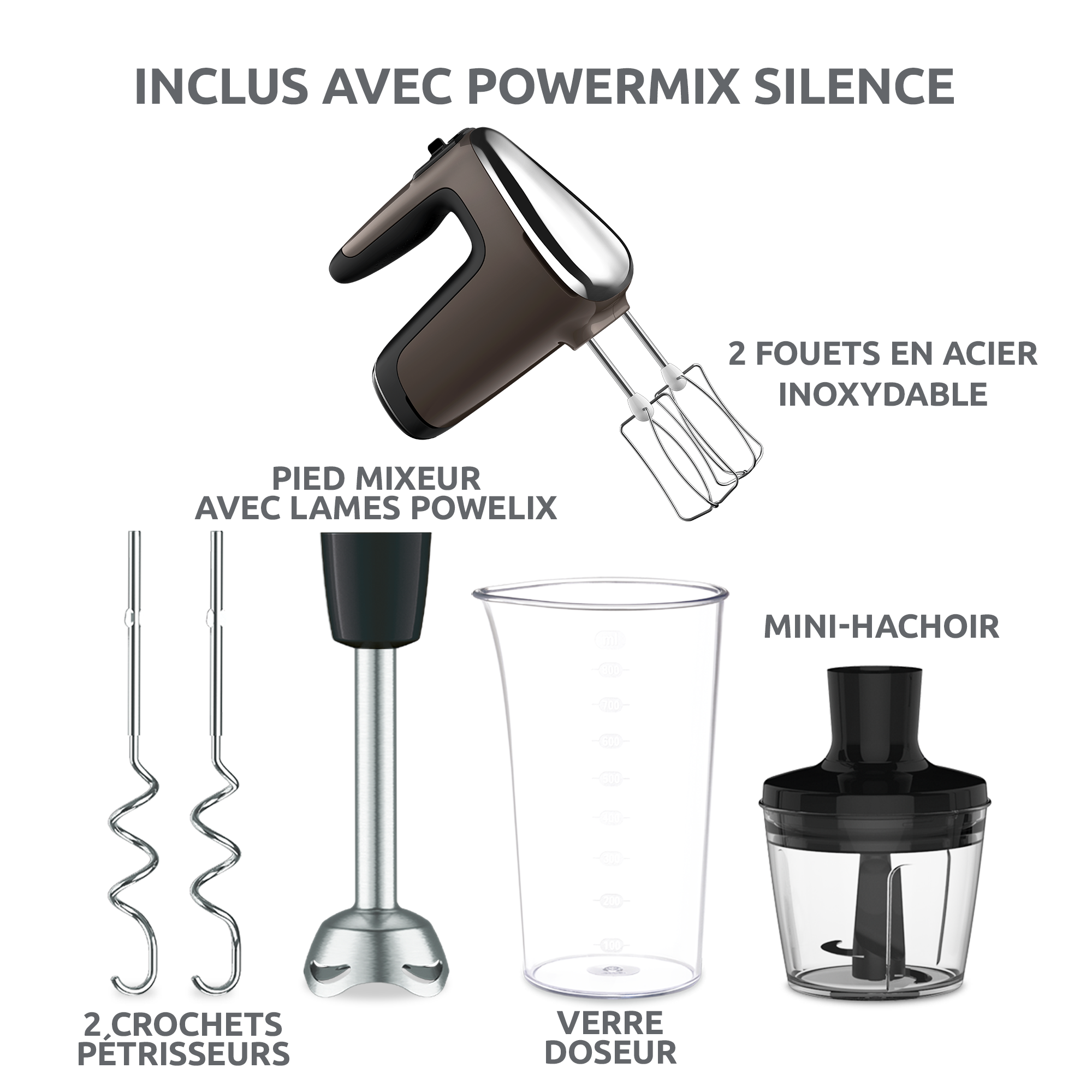 Powermix silence, Batteur électrique, Technologie silence, 2 jeux de fouets, 600 W, Argent