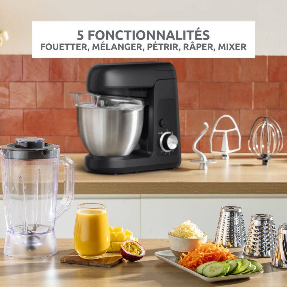 Bake Partner, Robot pâtissier, Bol de 4,6 L, Kit pâtisserie, Blender 1.25L, Découpe légumes, 1100 W