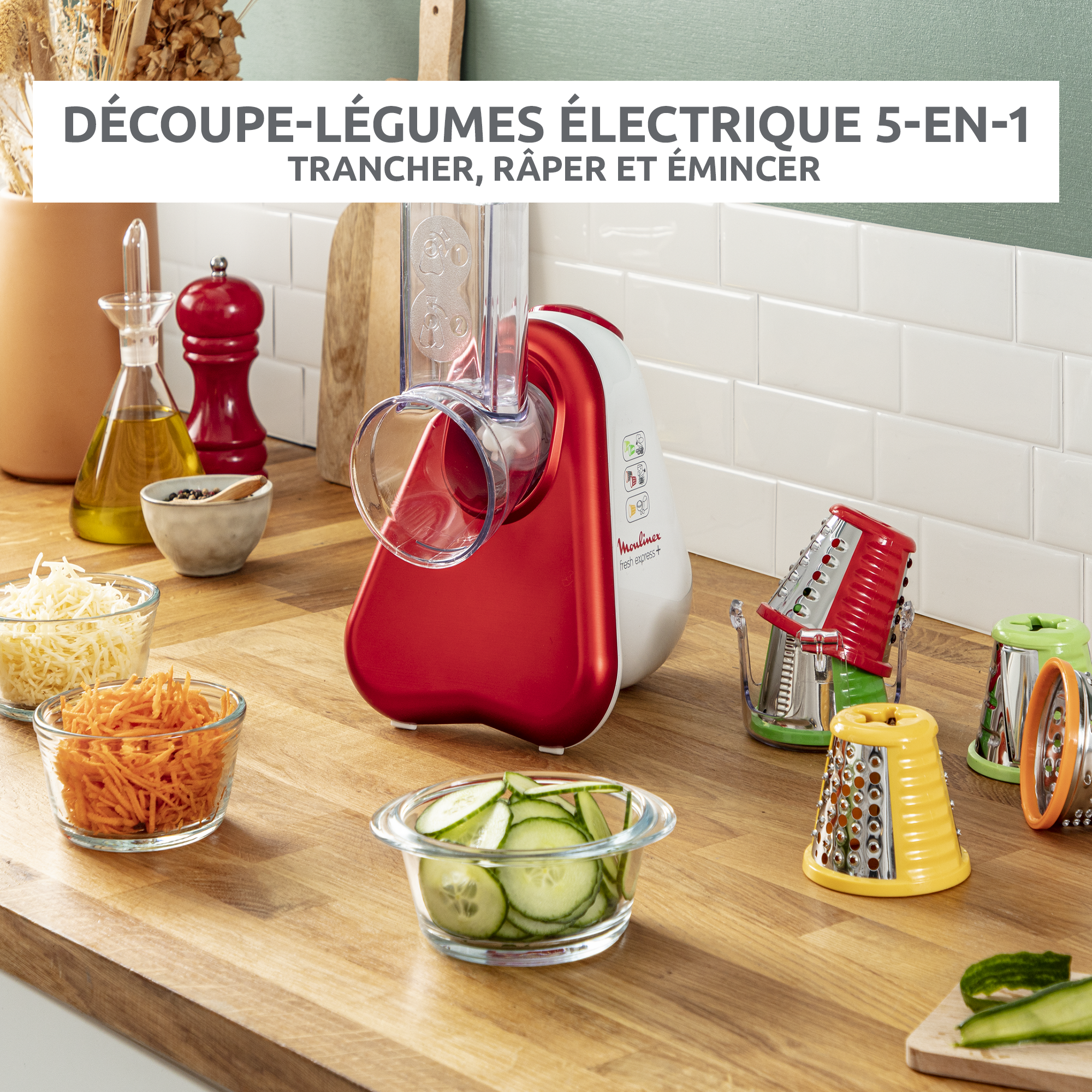 Fresh express 5-en-1, Découpe-légumes, 5 cônes, blanc et rouge