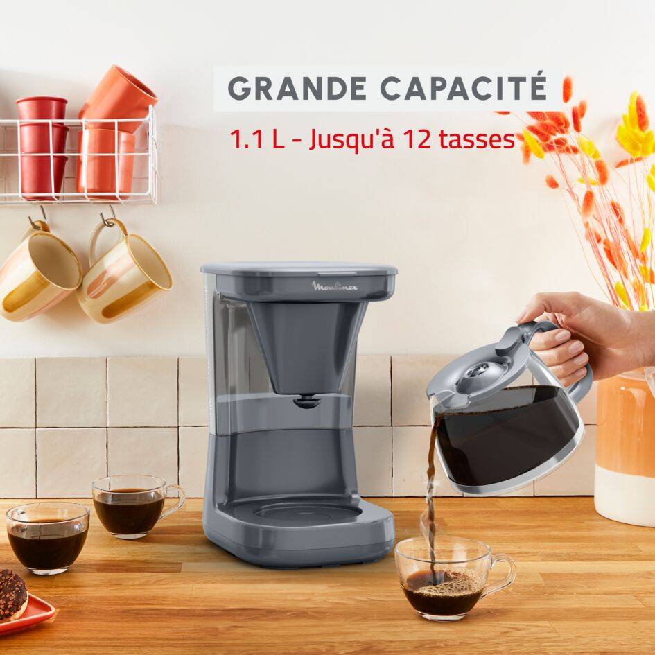 Plaino, Cafetière filtre élégante, Réservoir d'eau entièrement transparent, Capacité 1,1L, modèle gris