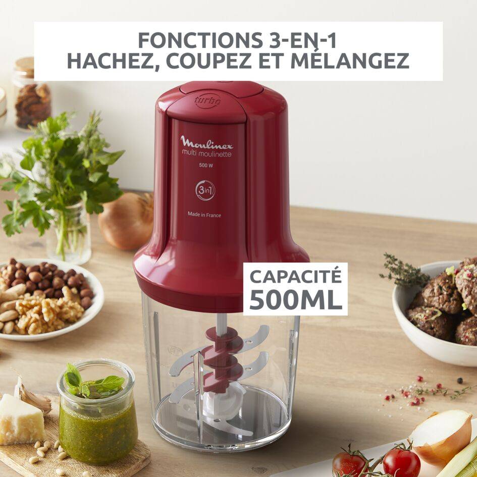 Multi moulinette, Mini hachoir, Fonction 3 en 1, Capacité 500 ml, 500 W, Rouge