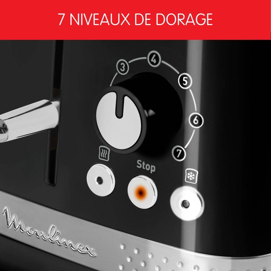 Grille-pain Soleil Noir 2 fentes larges, Design retro, 7 niveaux de dorage