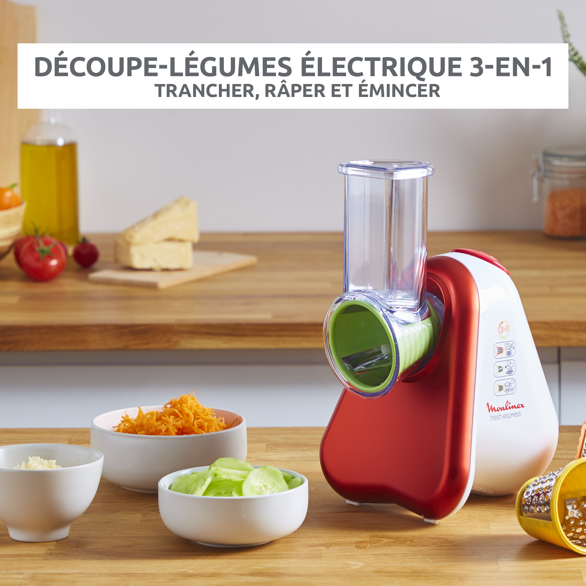 Fresh express 3-en-1, Découpe-légume, 3 cônes, blanc et rouge
