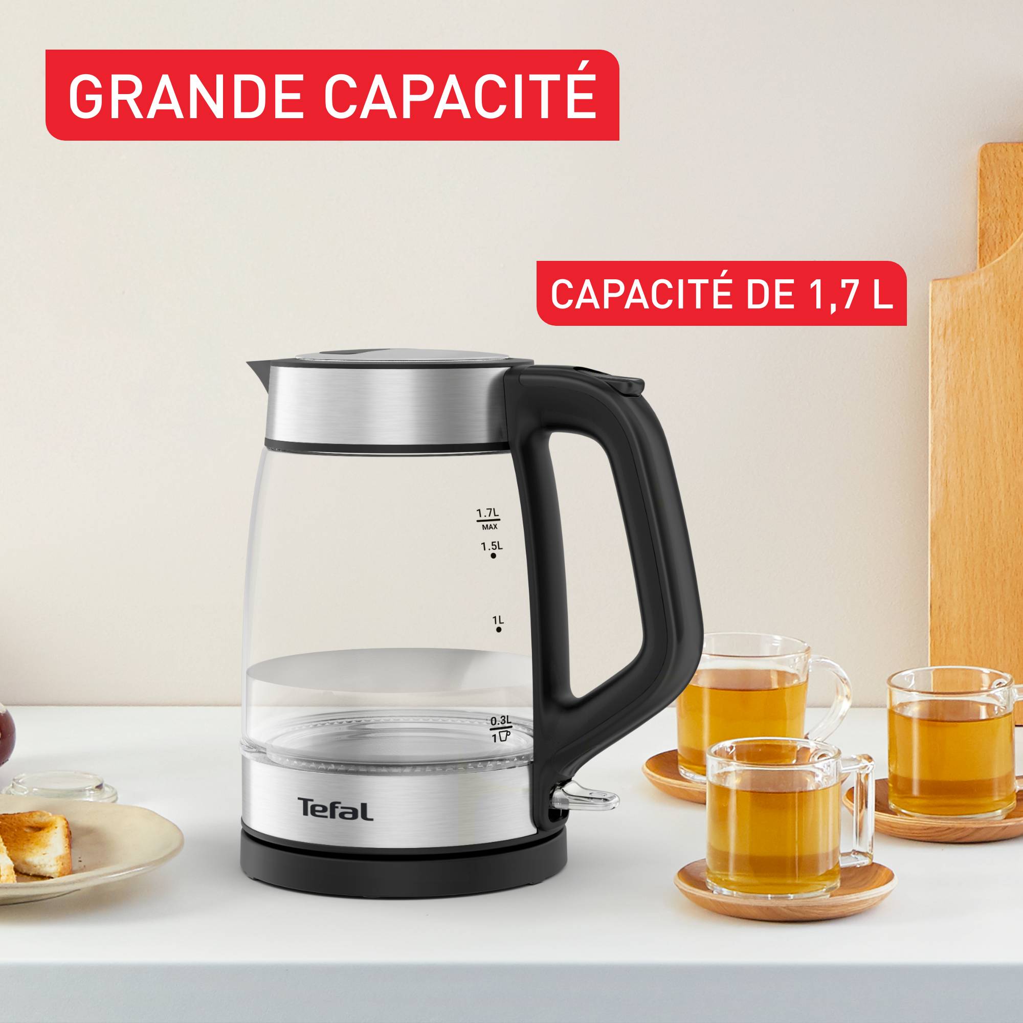 Bouilloire électrique en verre, 1.7 L, Bec verseur précis, Eclairage d'ambiance