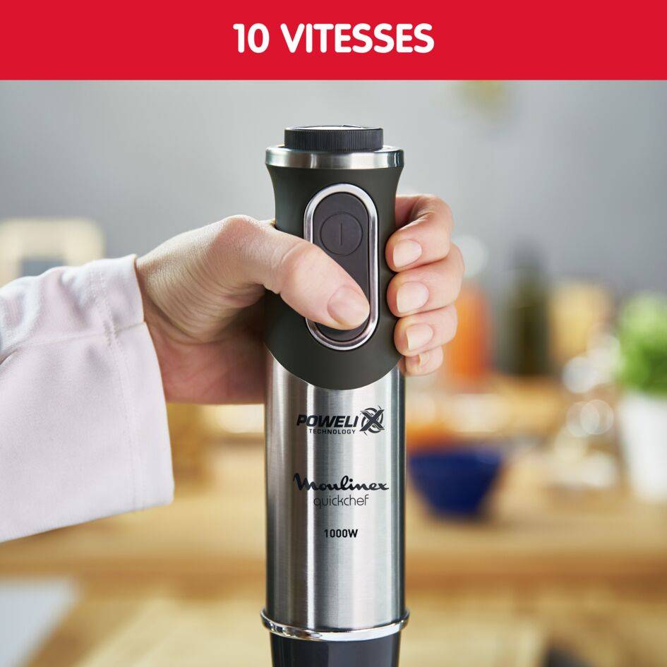 Quickchef 4 en 1, Pied mixeur, Lames powelix, 10 vitesses, 3 accessoires, 1000 W, Noir et métal