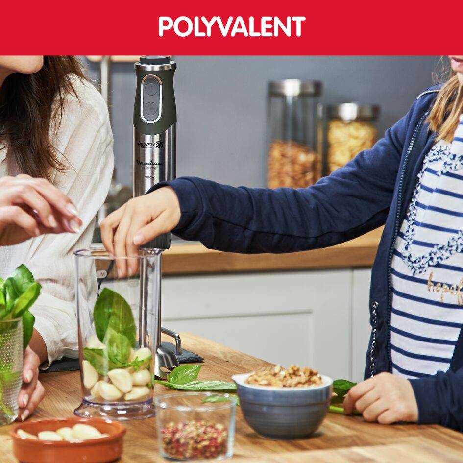Quickchef 4 en 1, Pied mixeur, Lames powelix, 10 vitesses, 3 accessoires, 1000 W, Noir et métal