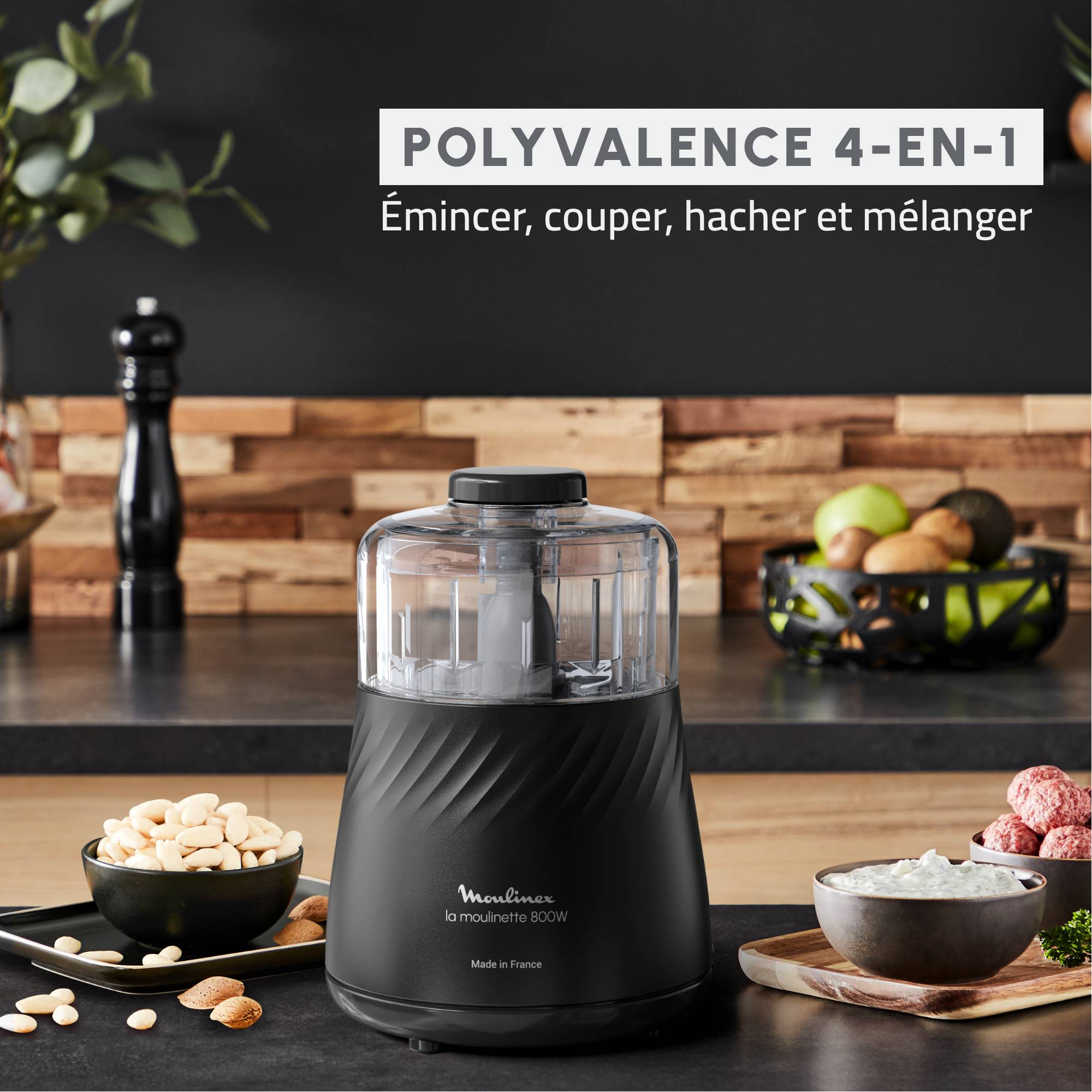 La Moulinette Eco Respect, Hachoir, Eco conçue en France, Fonsction 4 en 1, Capacité 500 ml, Noire