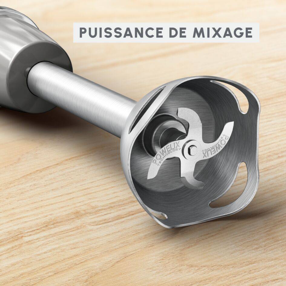 Quickchef+, Pied mixeur, lames powelix, 20 vitesses, Accessoires mini hachoir et fouet, 1000 W, Gris et métal