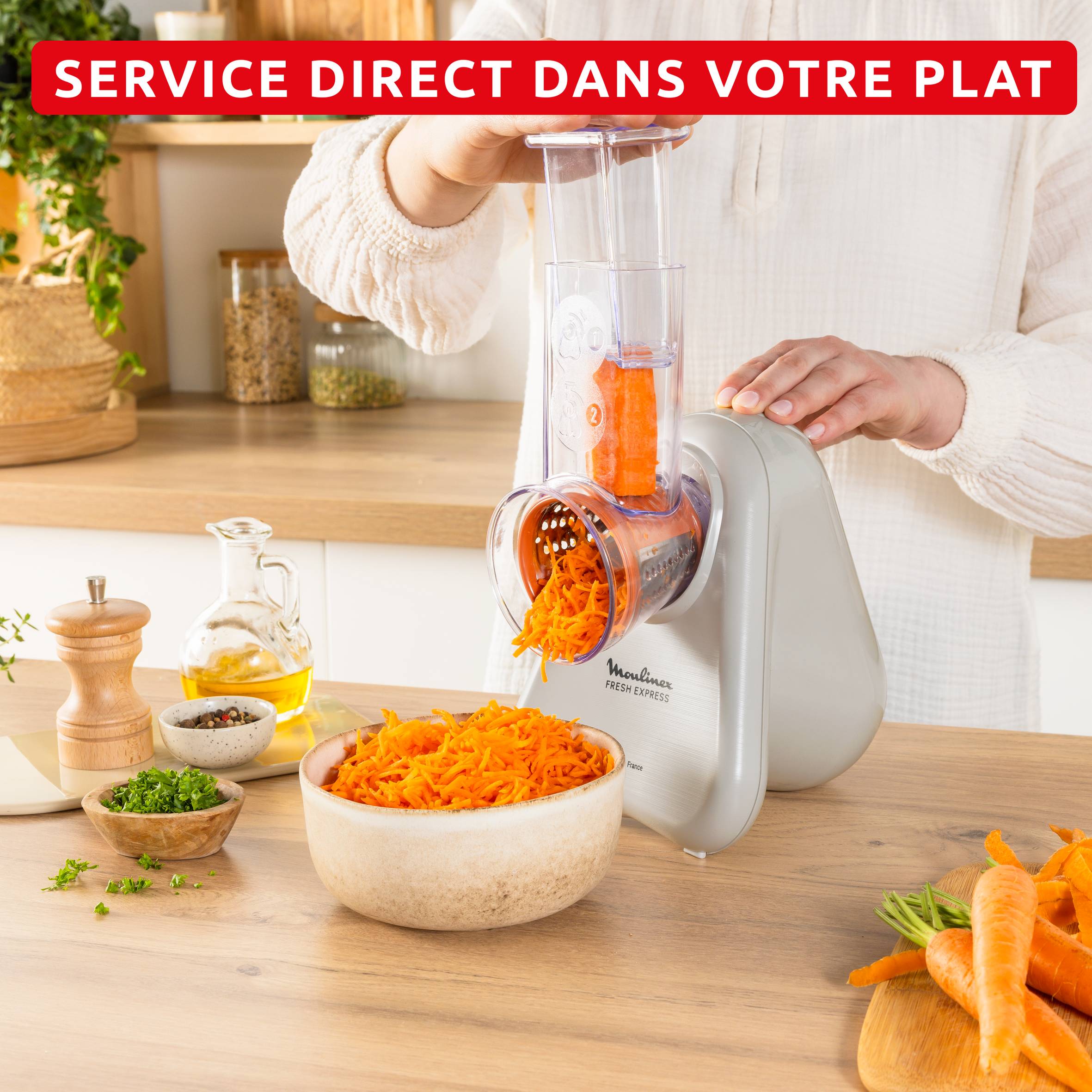 Fresh Express, Découpe-légumes électrique, Service direct dans le plat, 3 cônes, Écru