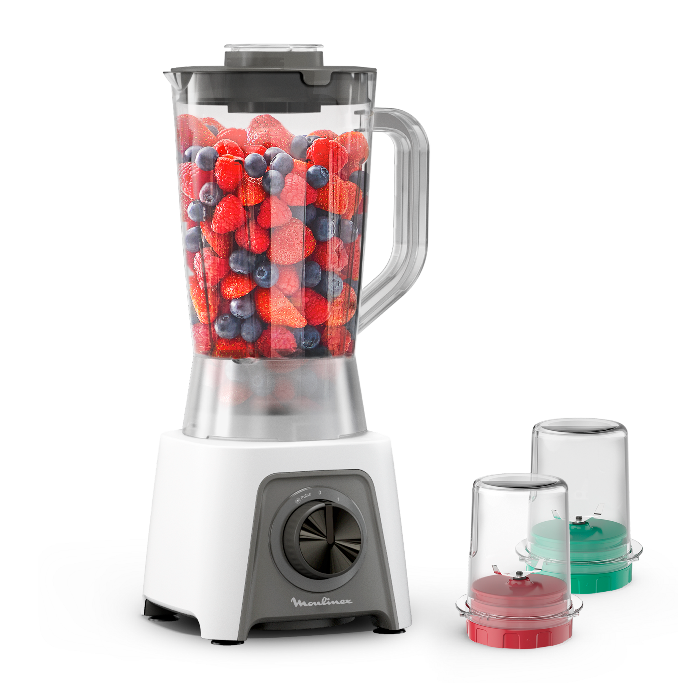Blendeo+, Blender classique, Bol de 1,5 L, 2 vitesses + pulse, 450 W, Blanc et gris + Broyeur + Hachoir