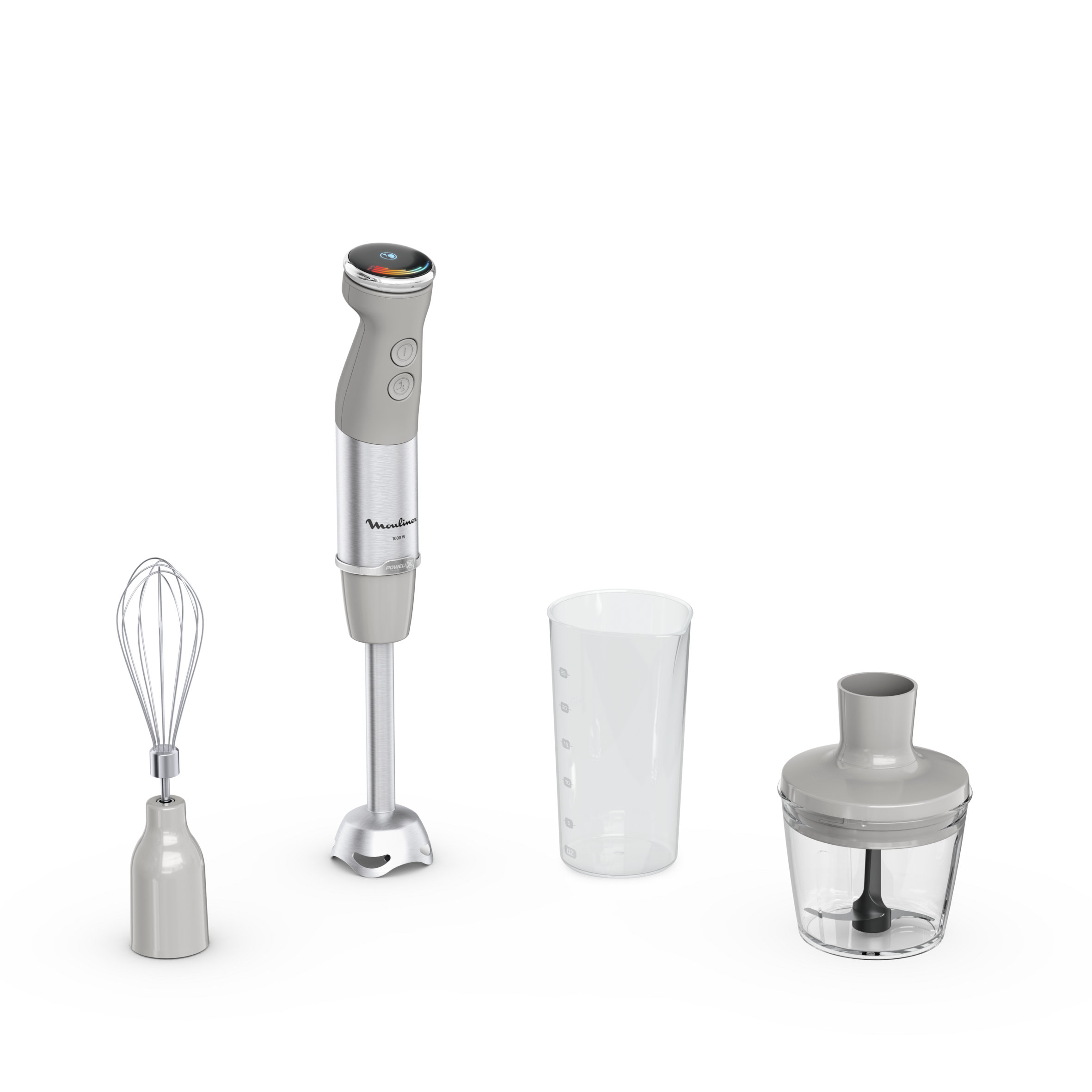 Quickchef+, Pied mixeur, lames powelix, 20 vitesses, Accessoires mini hachoir et fouet, 1000 W, Gris et métal
