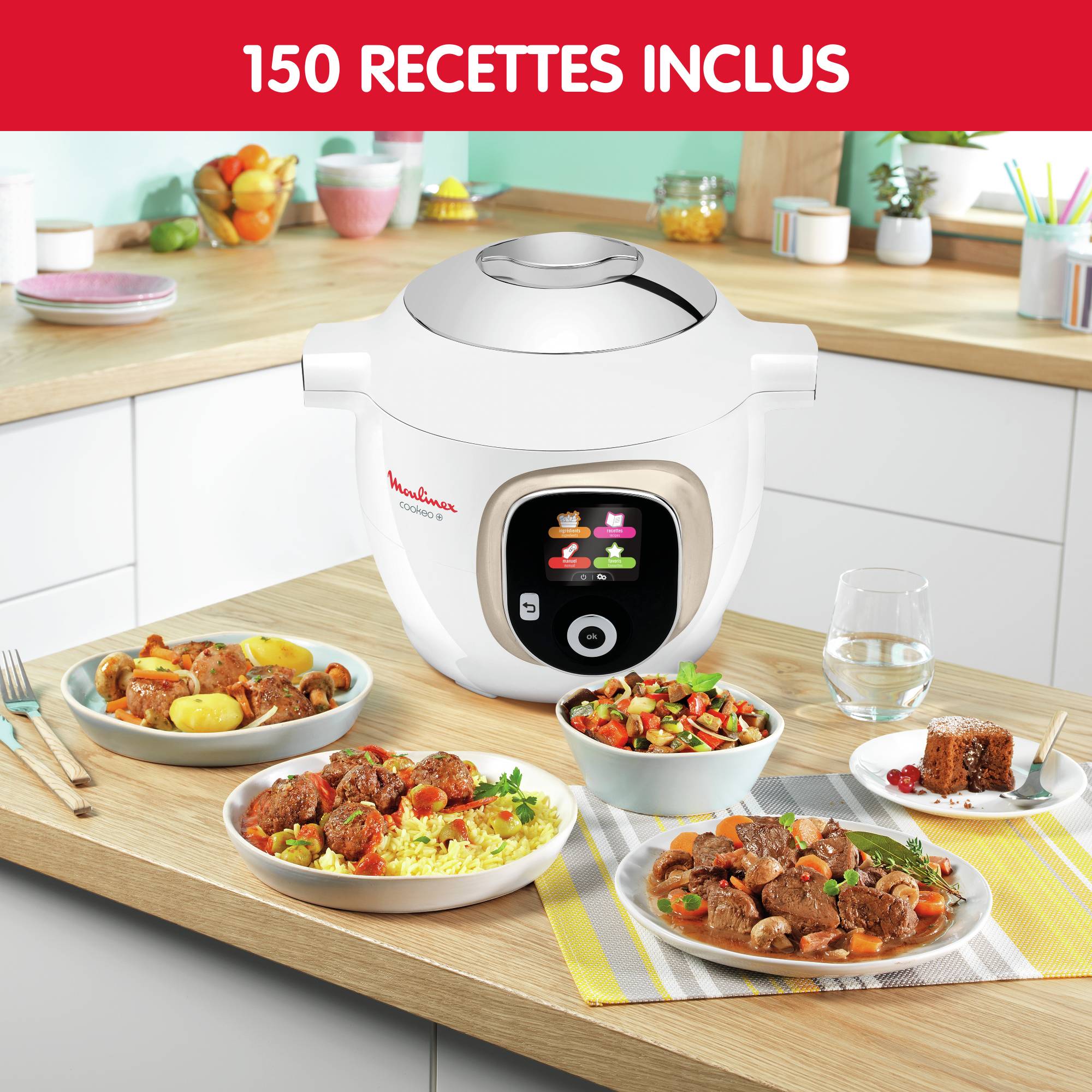Cookeo+ 150 recettes Blanc, avec couvercle de conservation inclus