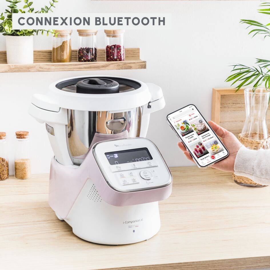 I-Companion, Robot cuiseur, 14 fonctions, Connecté, Capacité XL 10 personnes, Blanc et rose, Fabriqué en France + Kit pâtisserie