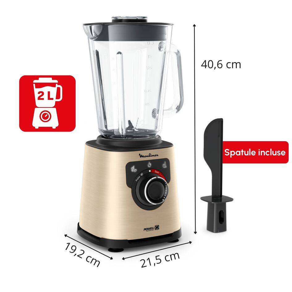 PerfectMix +, Blender haute performance, Lames powelix, Bol en verre de 2L, 1200W , Or métal et noir