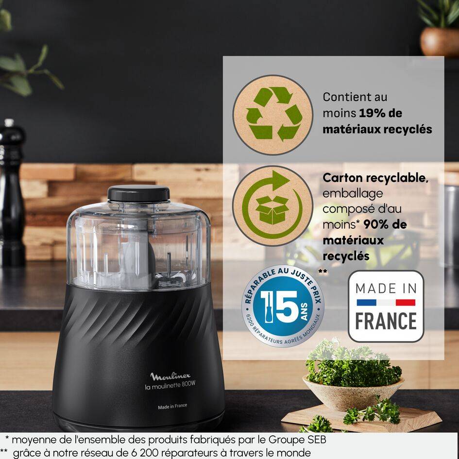 La Moulinette Intension, Hachoir,  Fonction 4 en 1, Capacité 500 ml, Noire