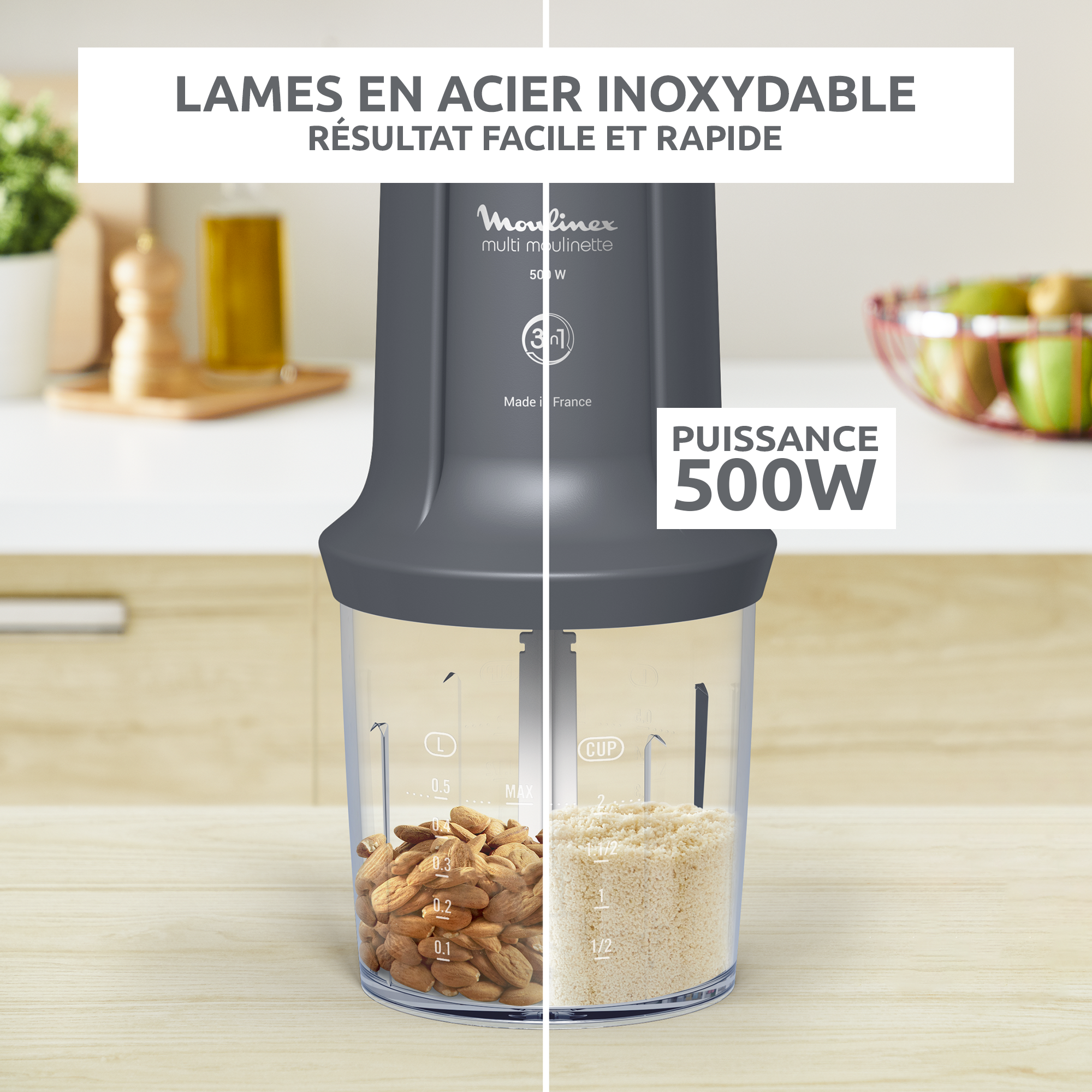 Multi moulinette, Mini hachoir, Fonction 3 en 1, Capacité 500 ml, 500 W, Gris
