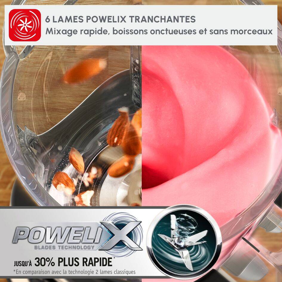 PerfectMix +, Blender haute performance,  Lames powelix, Bol en verre de 2L, 1200W, Noir silver