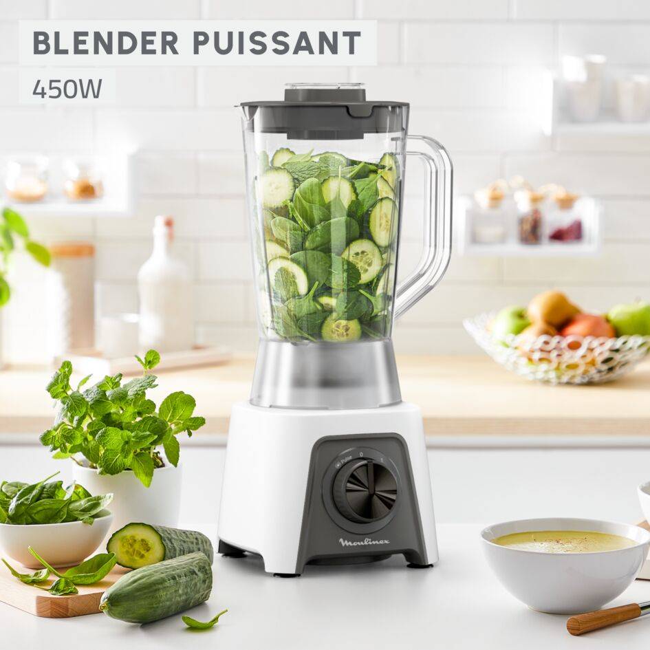 Blendeo+, Blender classique, Bol de 1,5 L, 2 vitesses + pulse, 450 W, Blanc et gris + Broyeur + Hachoir