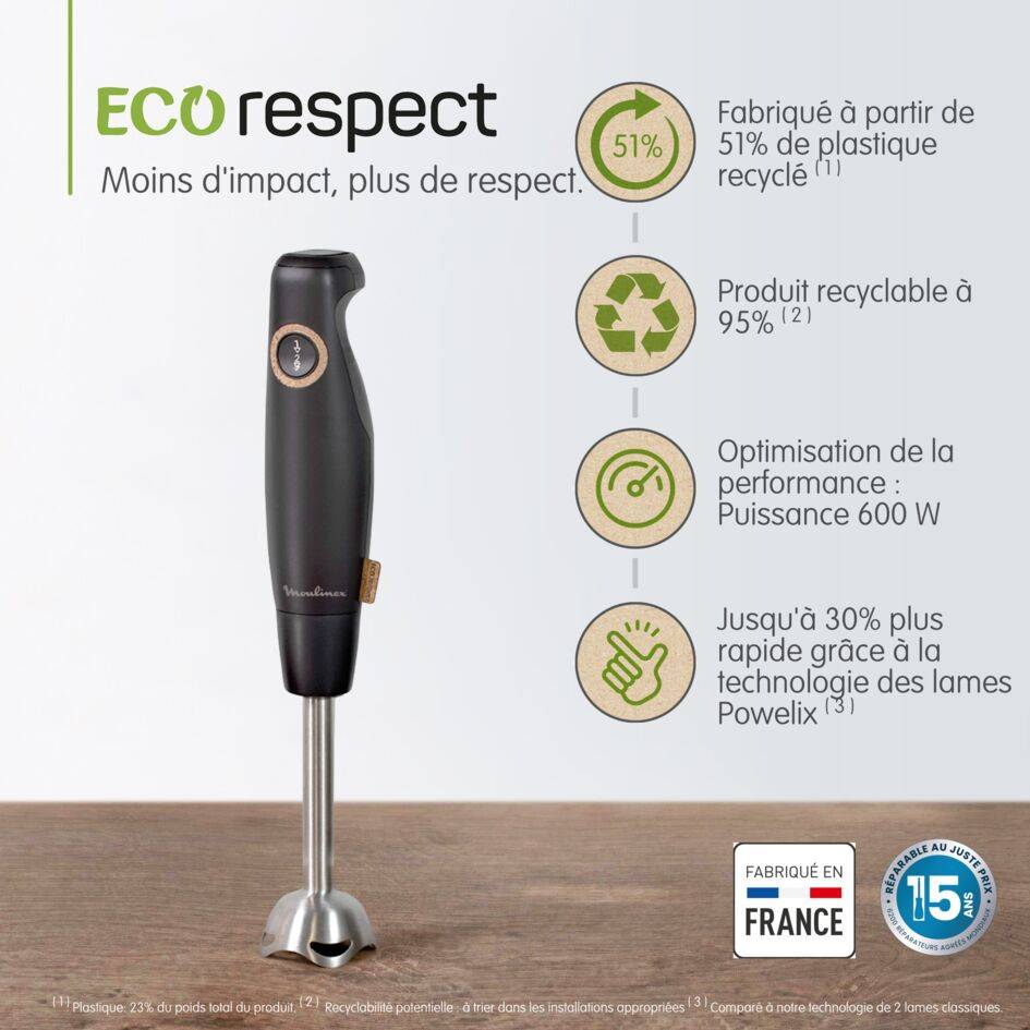 Eco respect, Pied mixeur, Eco conçu,  Lames powelix, 2 vitesses, 600 W, Fabriqué en France, Noir