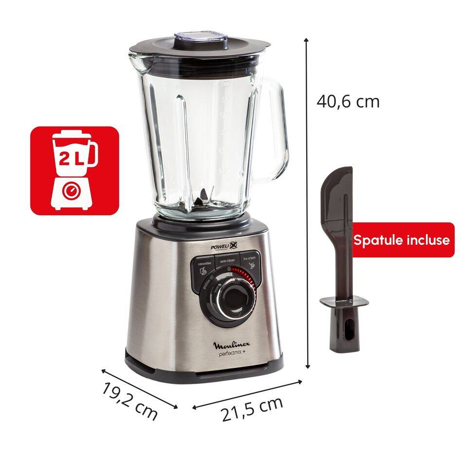 PerfectMix +, Blender haute performance,  Lames powelix, Bol en verre de 2L, 1200W, Noir silver