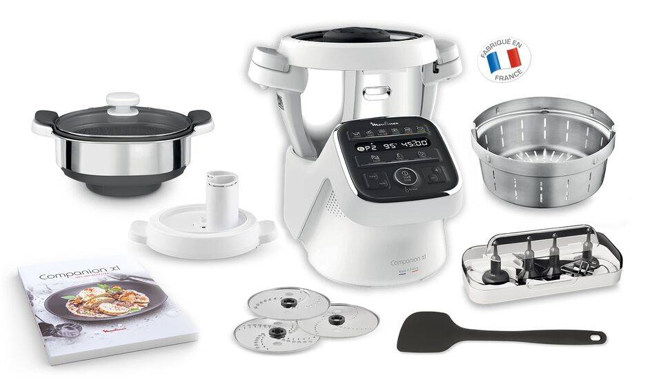 Companion, Robot cuiseur, 14 fonctions, Capacité XL 10 personnes,  Noir et blanc, Fabriqué en France + 2 Accessoires