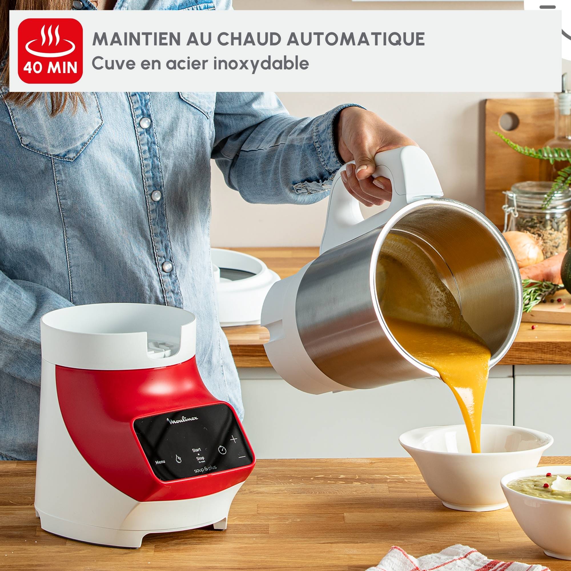 Soup&plus, Blender chauffant, 3 programmes automatiques, 1100W, Rouge