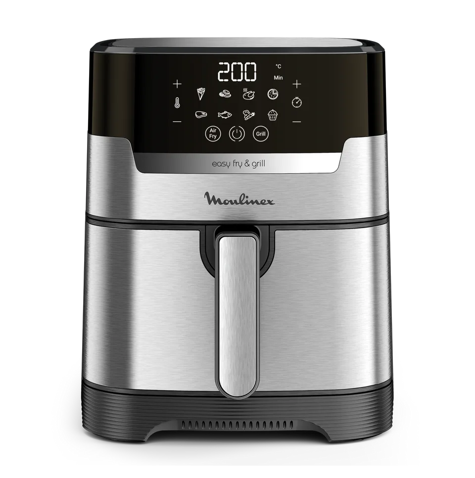 Moulinex Easy Fry & Grill EZ505D10 vu de face, finition inox et noire