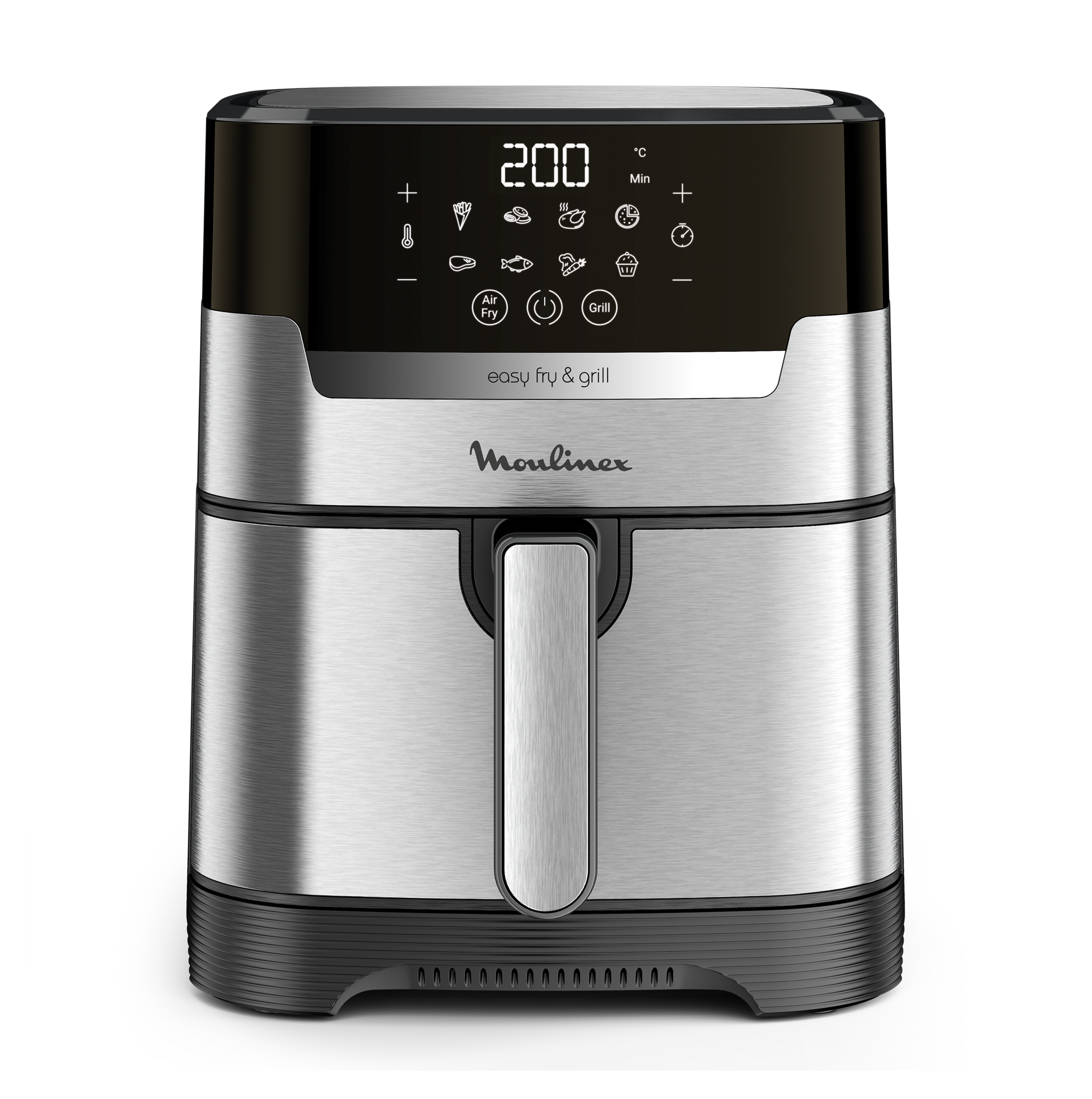 Moulinex Easy Fry & Grill EZ505D10 vu de face, finition inox et noire