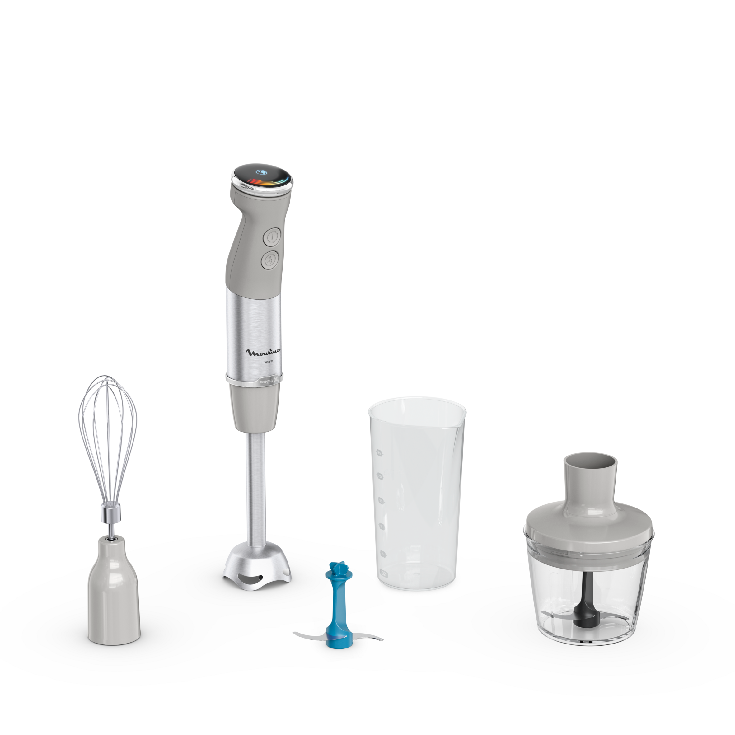 Quickchef+, Pied mixeur, lames powelix, 20 vitesses, 3 Accessoires glace pilée mini hachoir fouet, 1000 W, Gris et métal