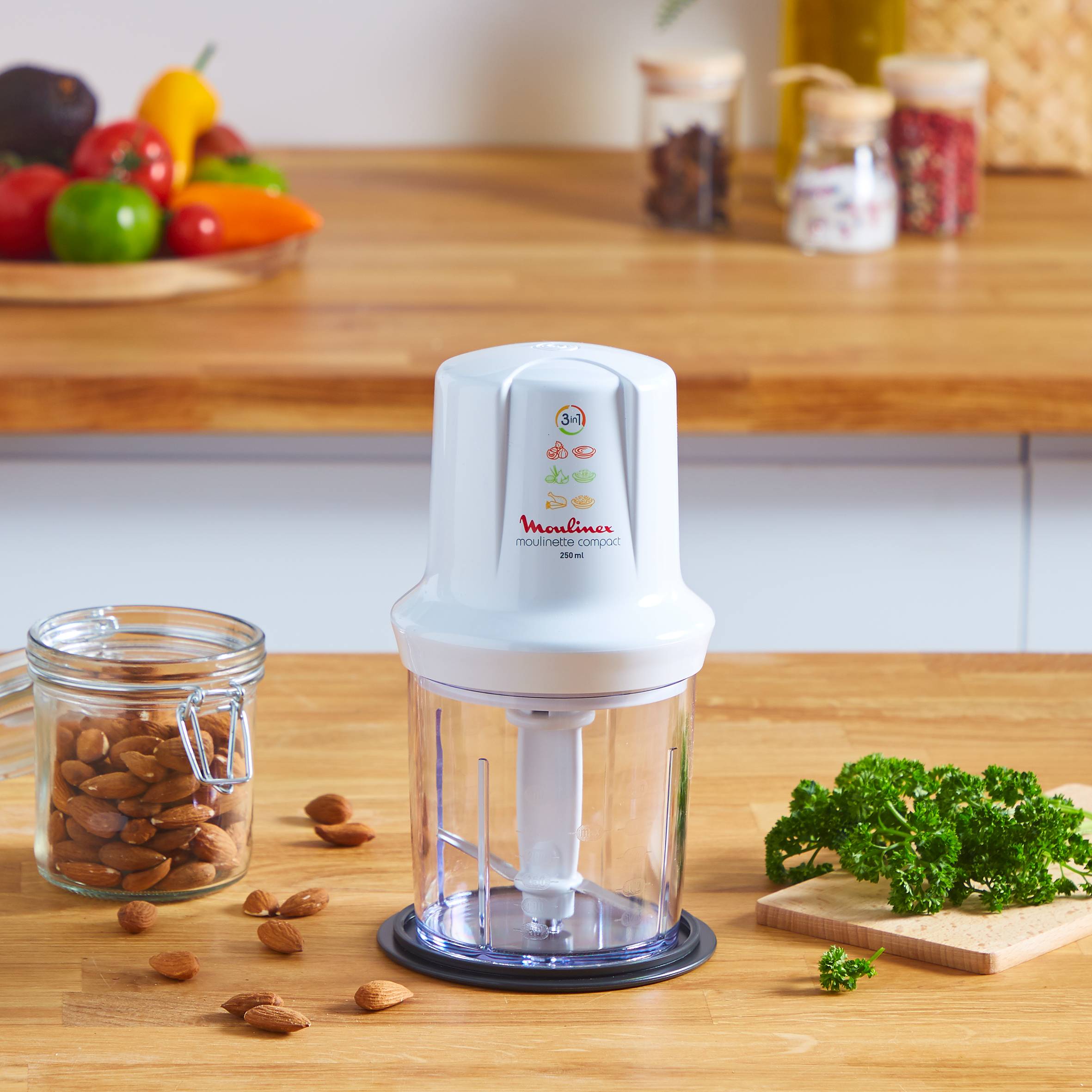 Multi moulinette, Mini hachoir, Compact, fonction 3 en 1, capacité 250 ml, 350 W, Blanc