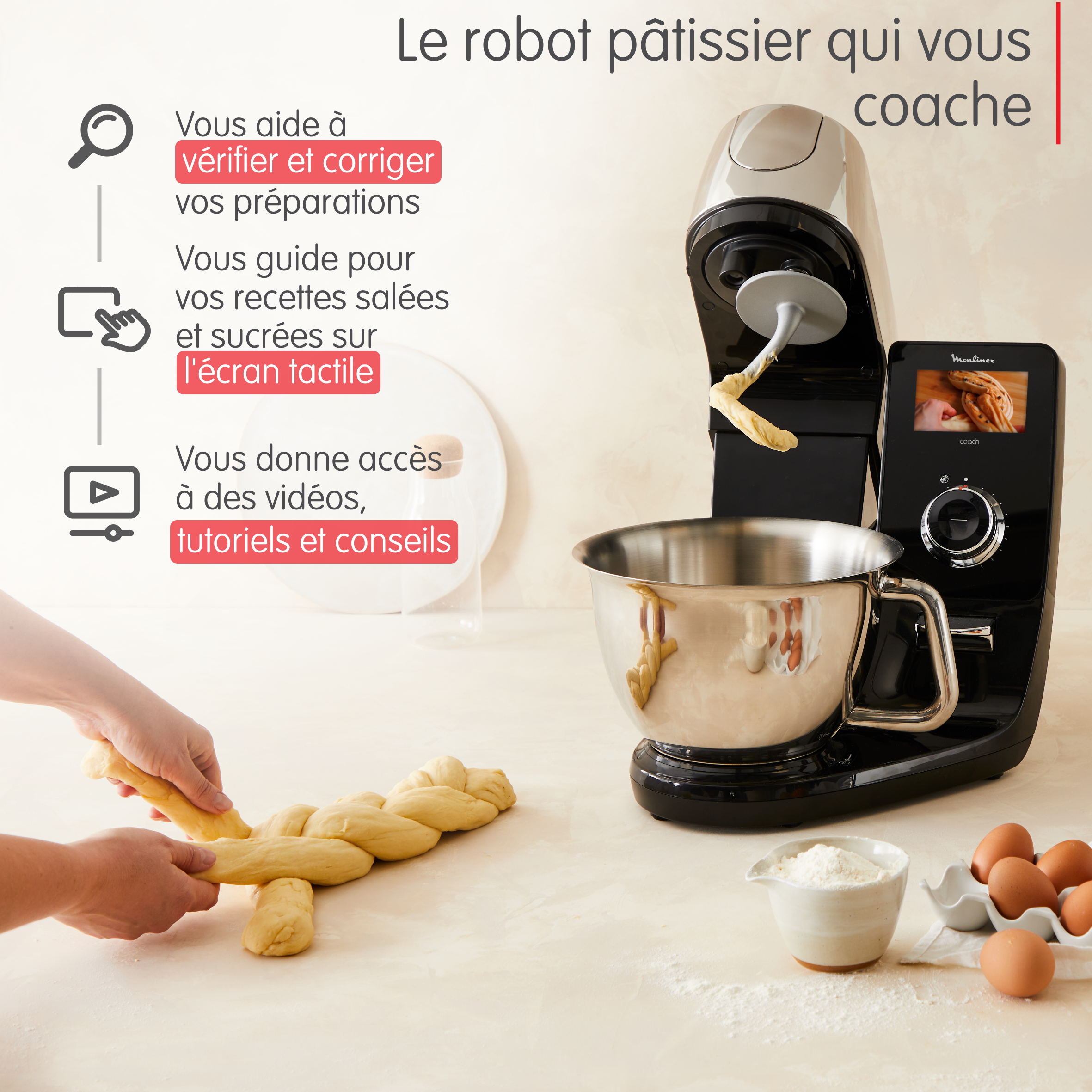 I-Coach Touch, Robot pâtissier connecté, Bol de 5,5 L, Balance de cuisine, Coaching sur l’écran, 21 programmes automatiques, 1200 W