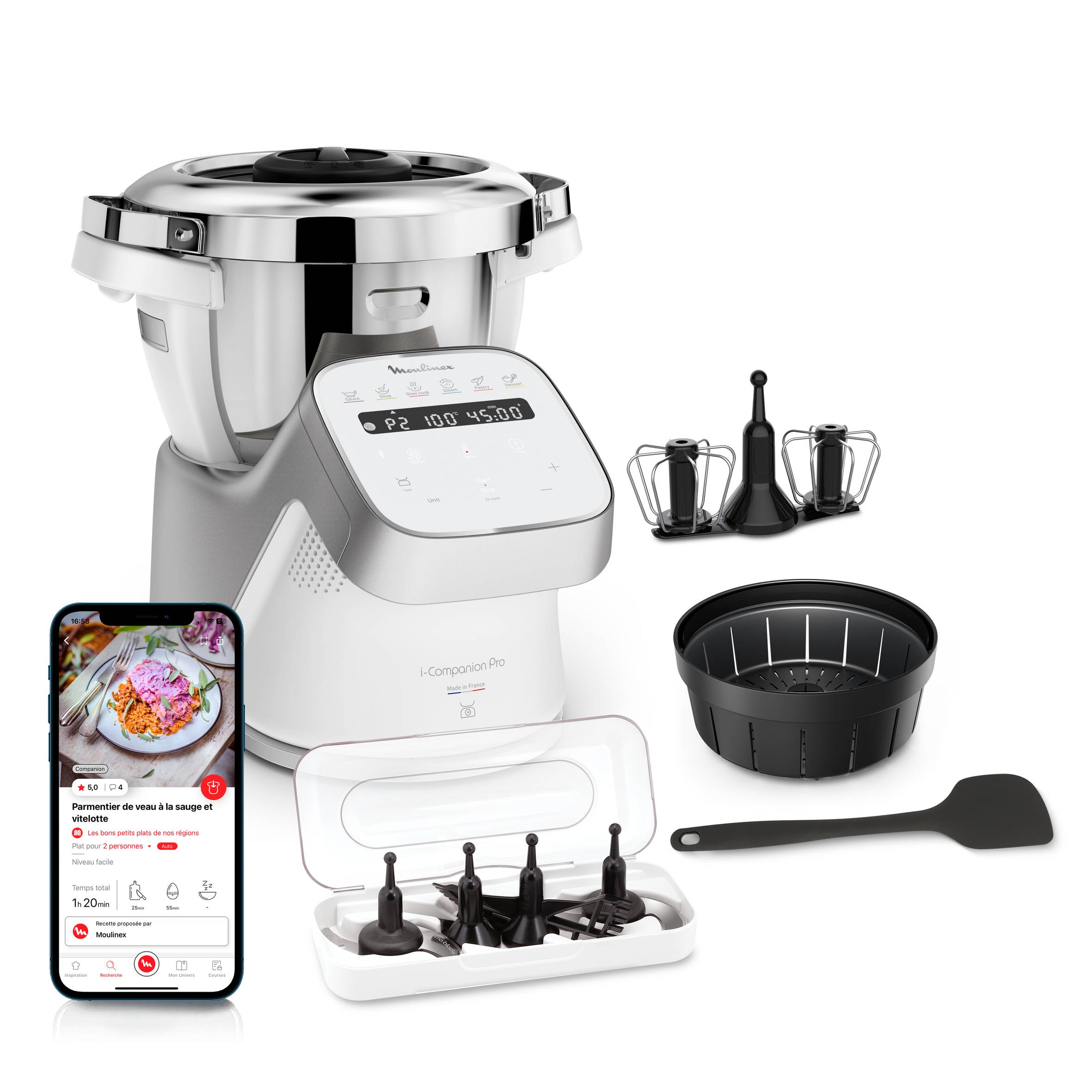 I-Companion Pro,  Robot Cuiseur, 17 fonctions, Pesage intégré, Capacité XL 10 personnes, Gris, Fabriqué en France + Double fouet