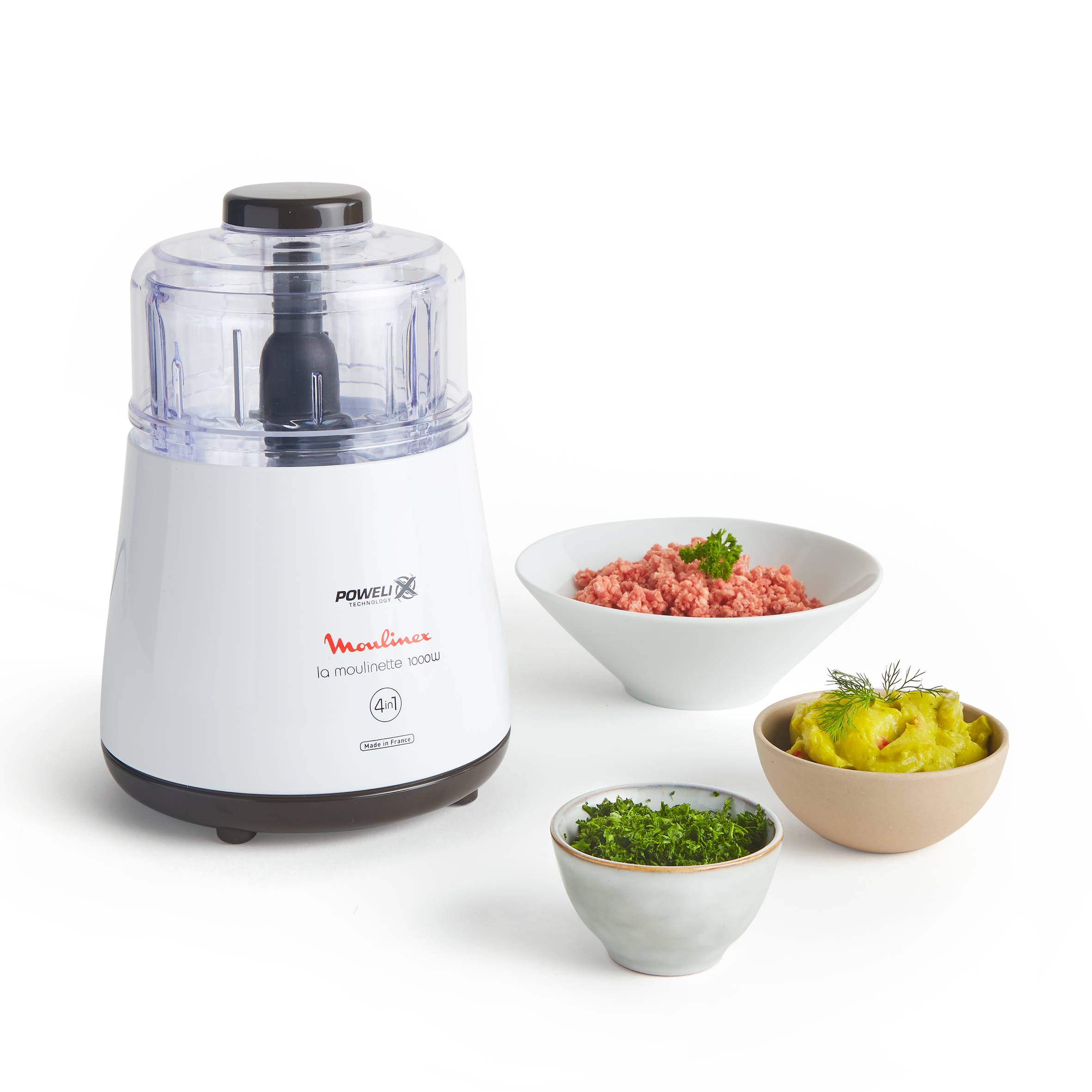 La Moulinette, Hachoir, Capacité 500 ml, Fonction 4 en 1, 1000 W, blanche