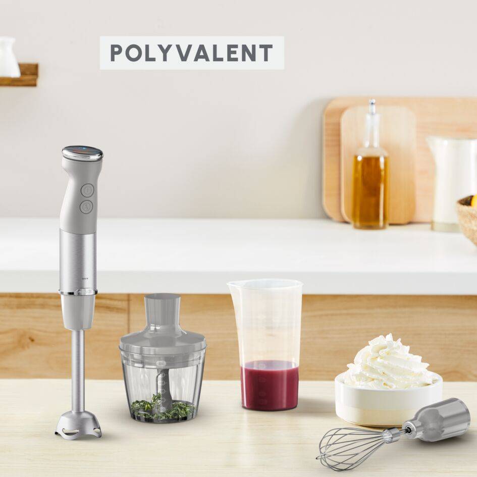 Quickchef+, Pied mixeur, lames powelix, 20 vitesses, Accessoires mini hachoir et fouet, 1000 W, Gris et métal