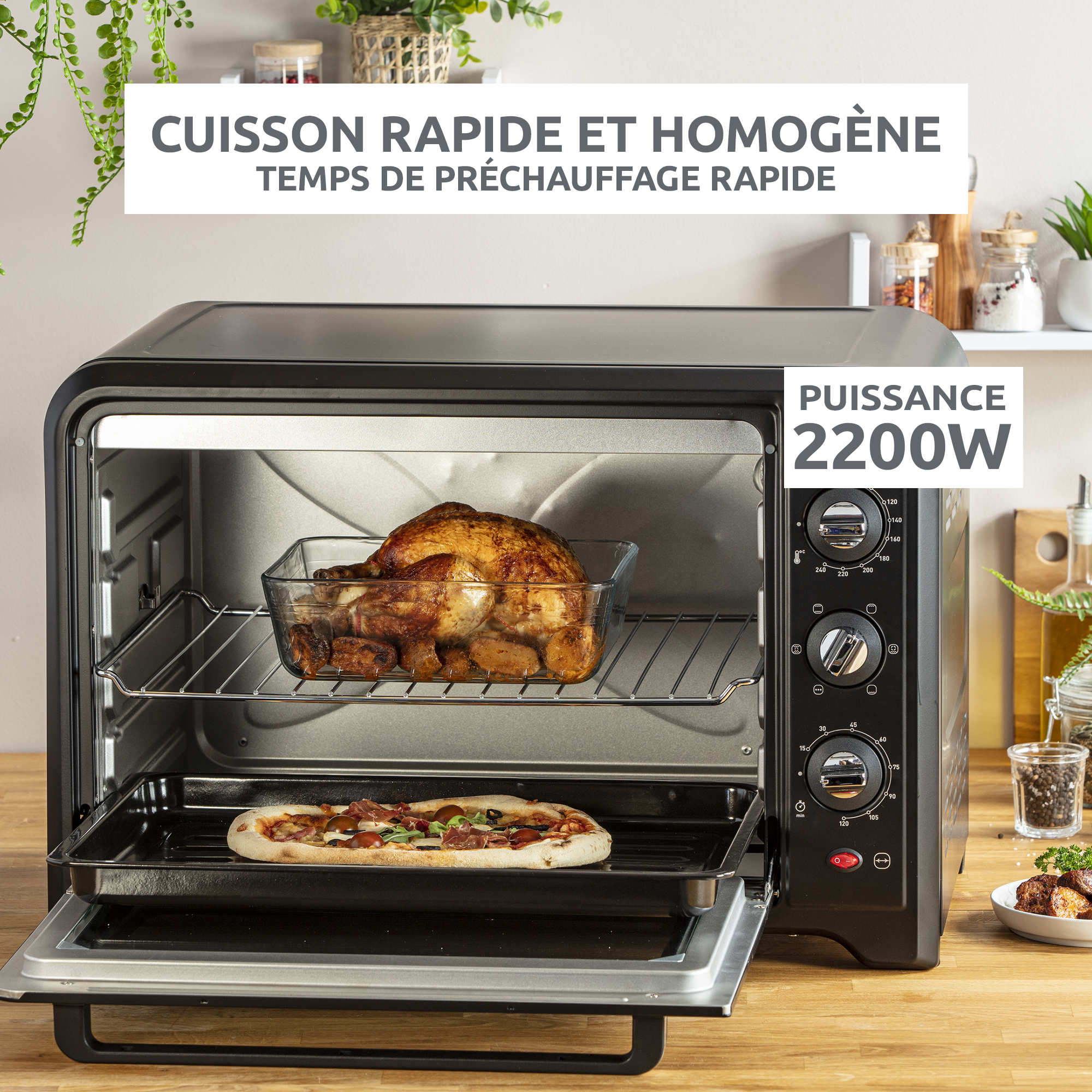 Four Multifonction Chaleur Tournante 60 Litres KC-FOUR60 - 2200W - Thermostat 230°C - Avec Tournebroche - 2
