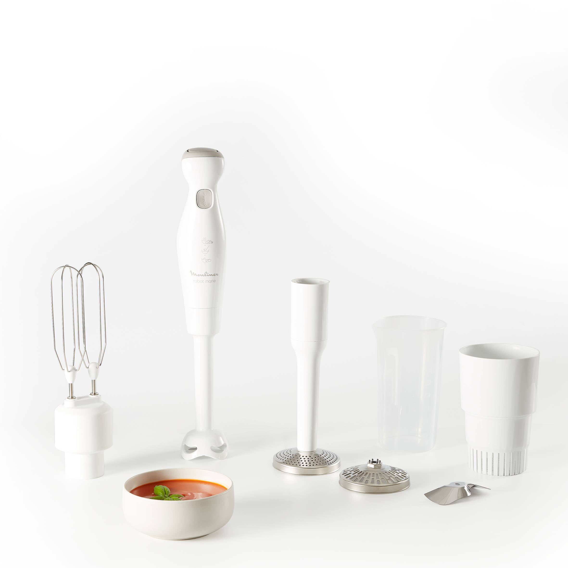 Robot Marie, Pied mixeur, 2 lames ZELKROM, 4 accessoires, 450 W, Blanc