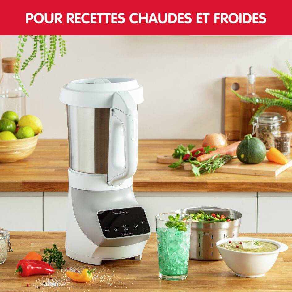 Soup&plus, Blender chauffant,  4 programmes automatiques,  Panier vapeur, 1100W, Gris